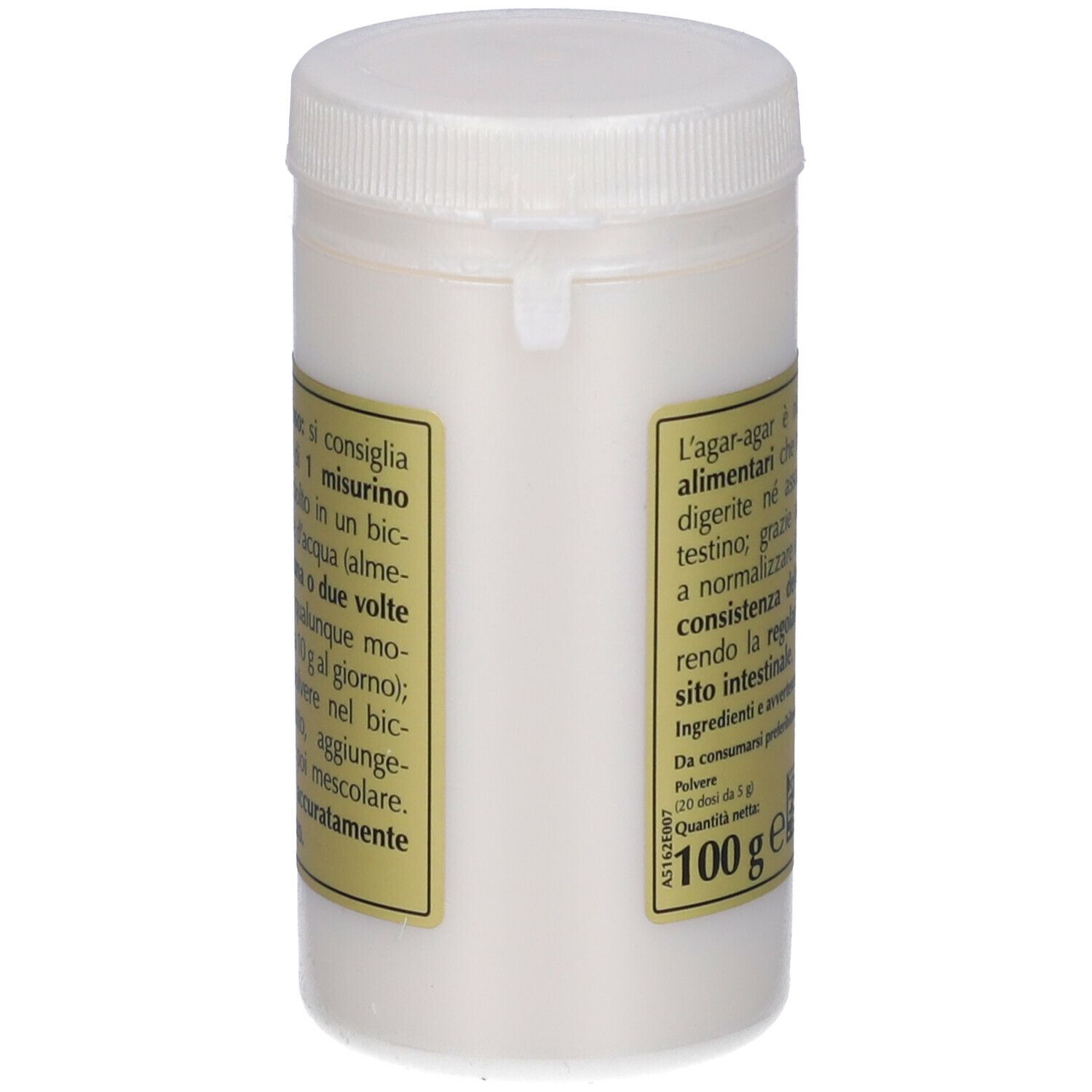 Contenitore bianco con coperchio. Etichetta con testo. Scritto: Agar-Agar, 100 g.