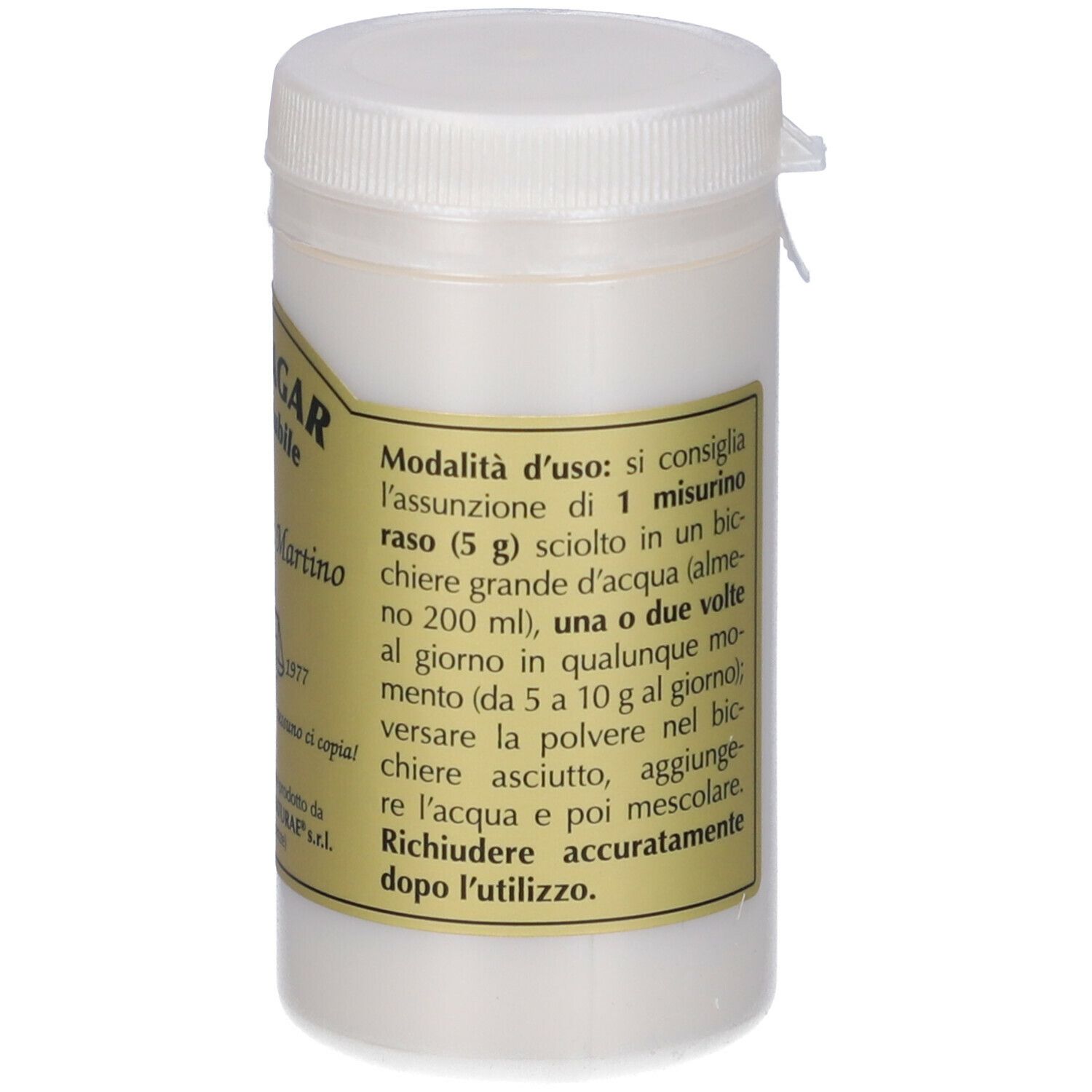 Contenitore bianco con coperchio. Etichetta con testo. Scritto: Agar-Agar, fibra solubile.