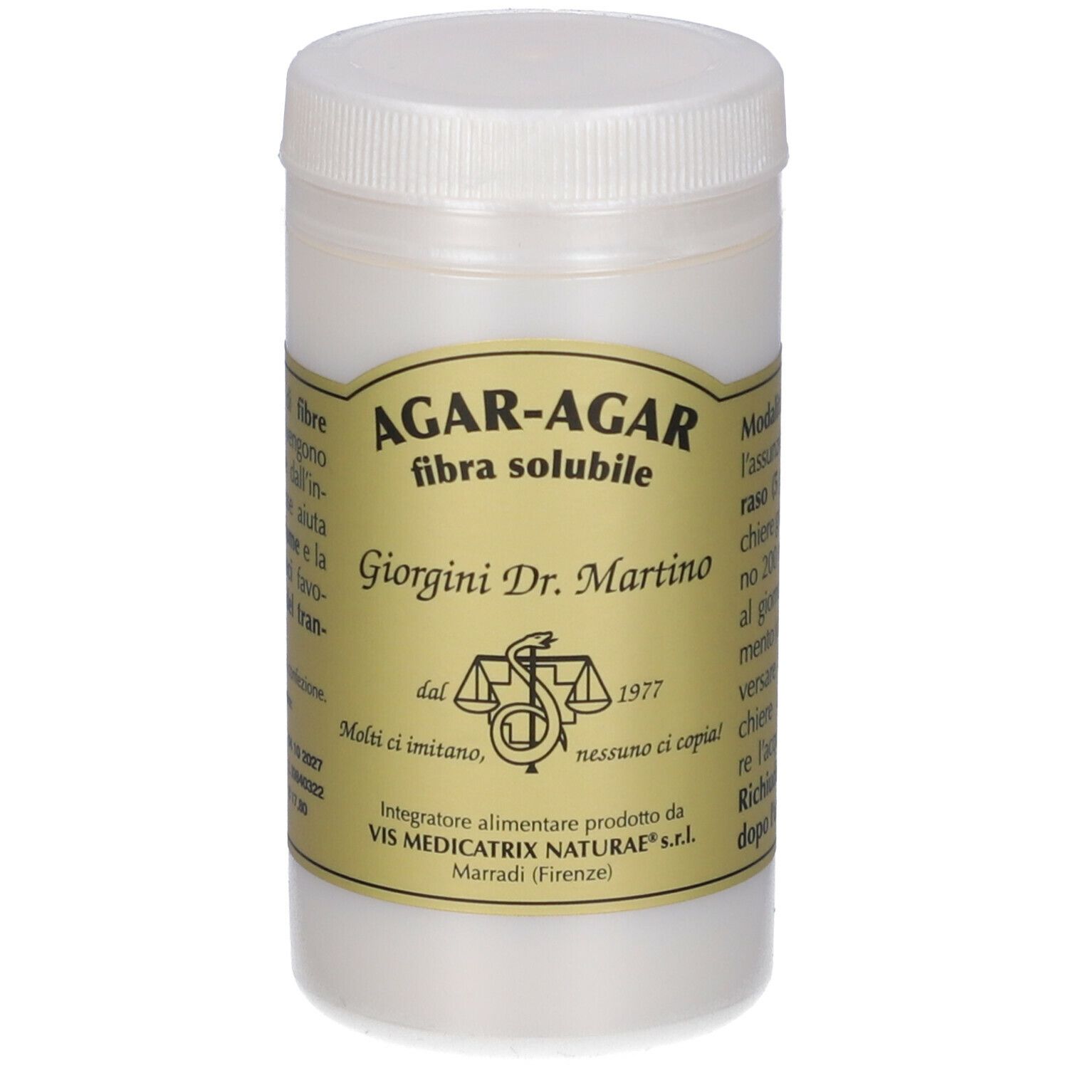 Contenitore bianco con coperchio. Etichetta con testo. Scritto: Agar-Agar, fibra solubile.