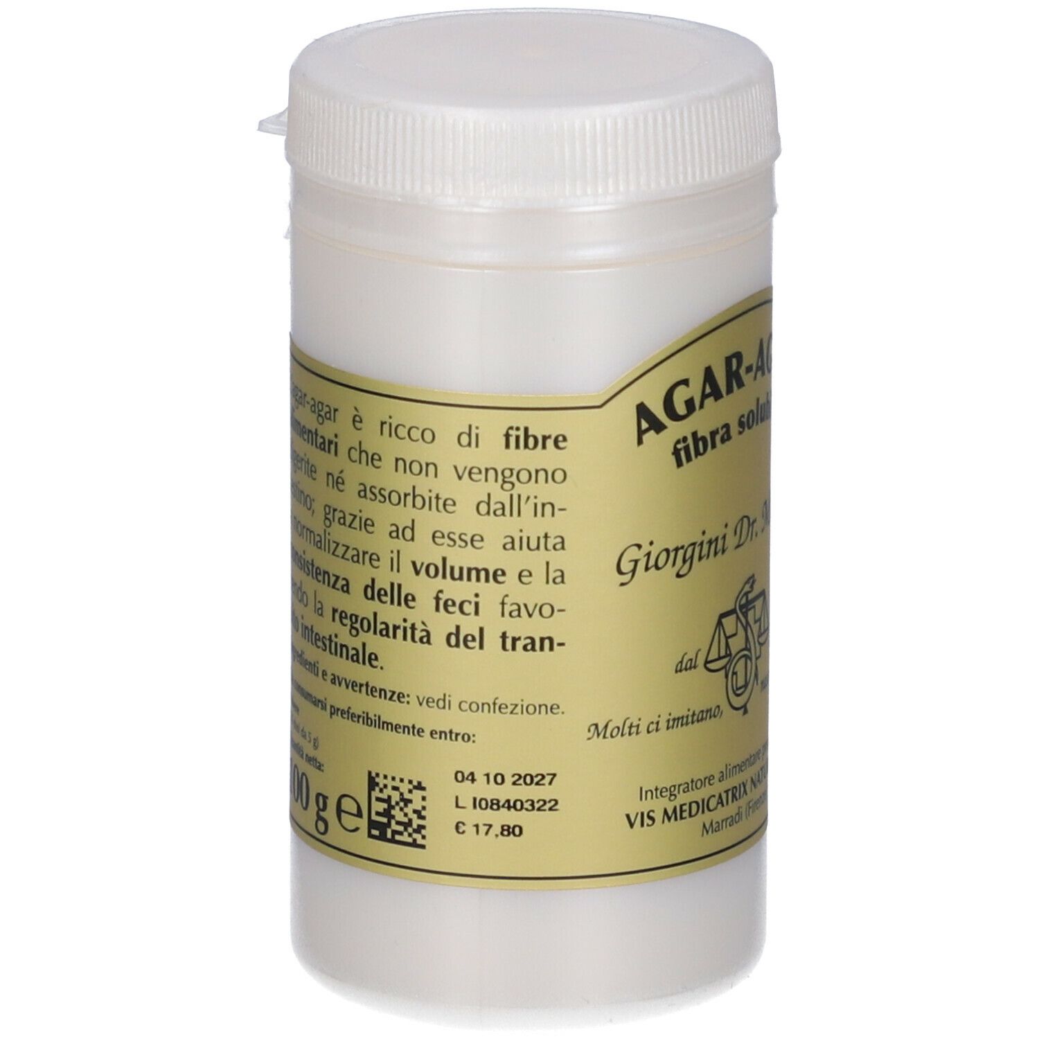Contenitore bianco con coperchio. Etichetta con testo. Scritto: Agar-Agar, fibra solubile.