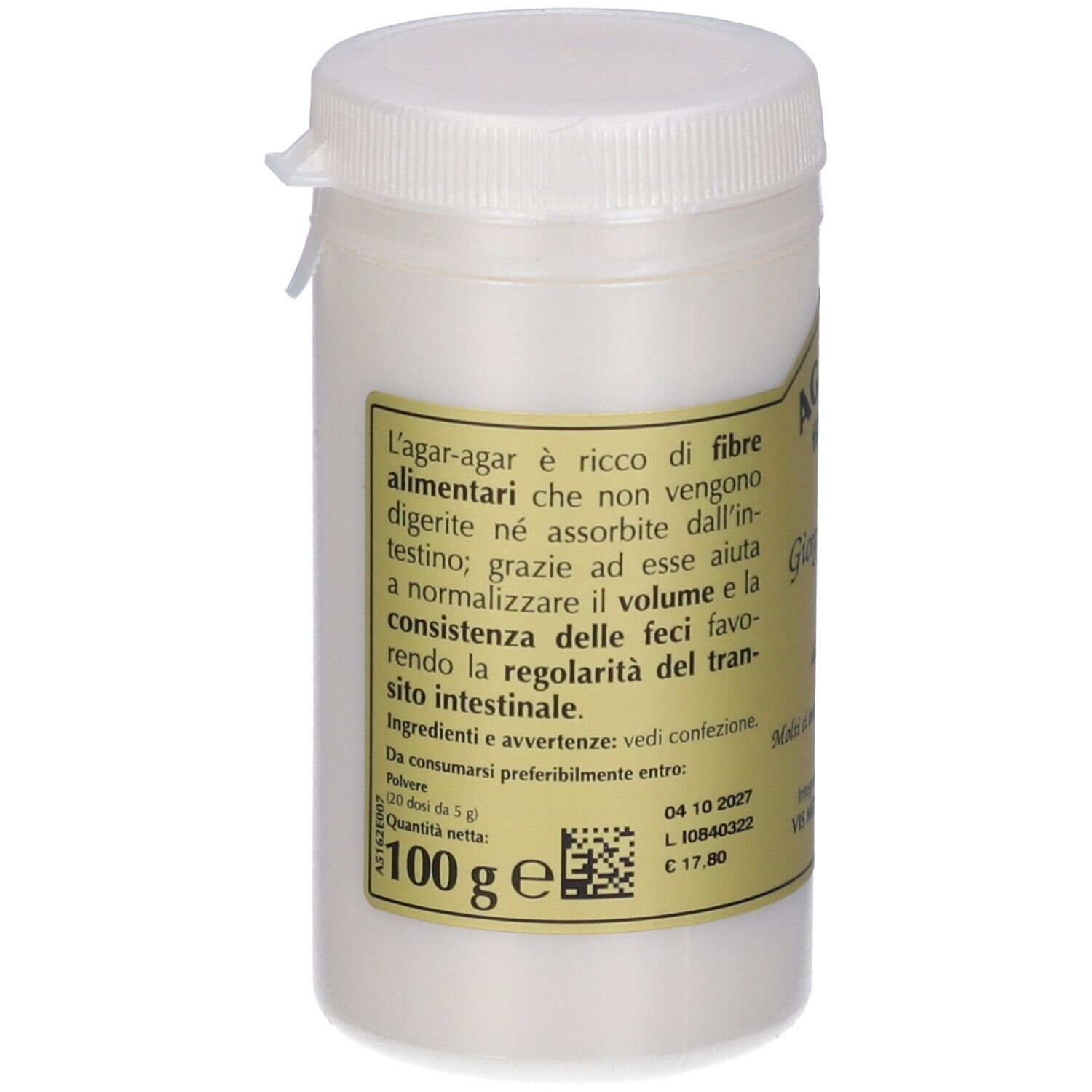 Contenitore bianco con coperchio. Etichetta con testo e QR code. Scritto: Agar-Agar, 100 g.