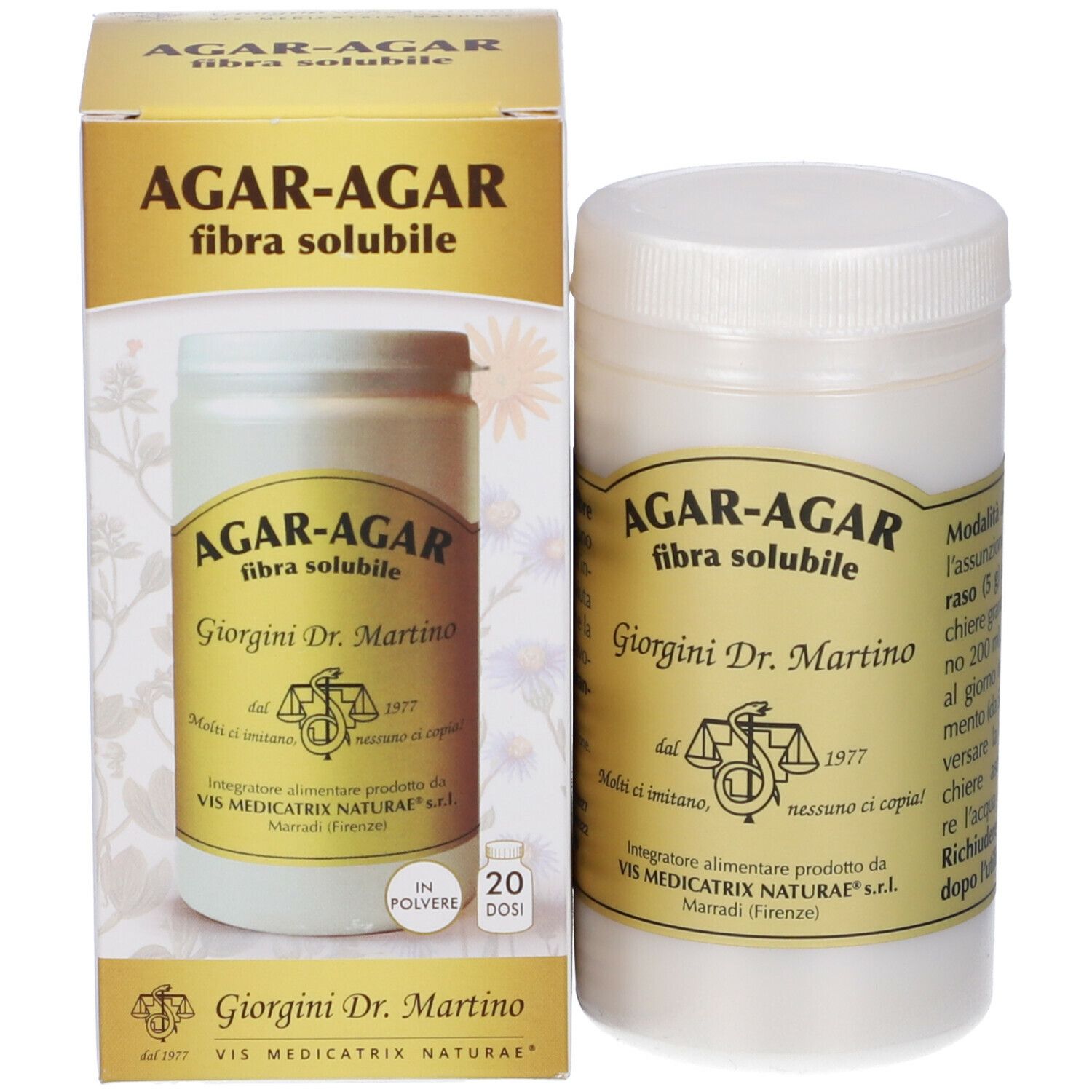 Confezione del prodotto con barattolo e scatola. Scritto: Agar-Agar, fibra solubile.