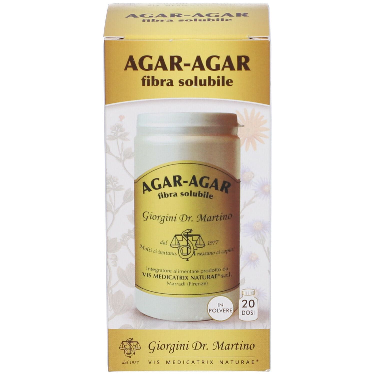 Confezione del prodotto con barattolo e scatola. Scritto: Agar-Agar, fibra solubile.