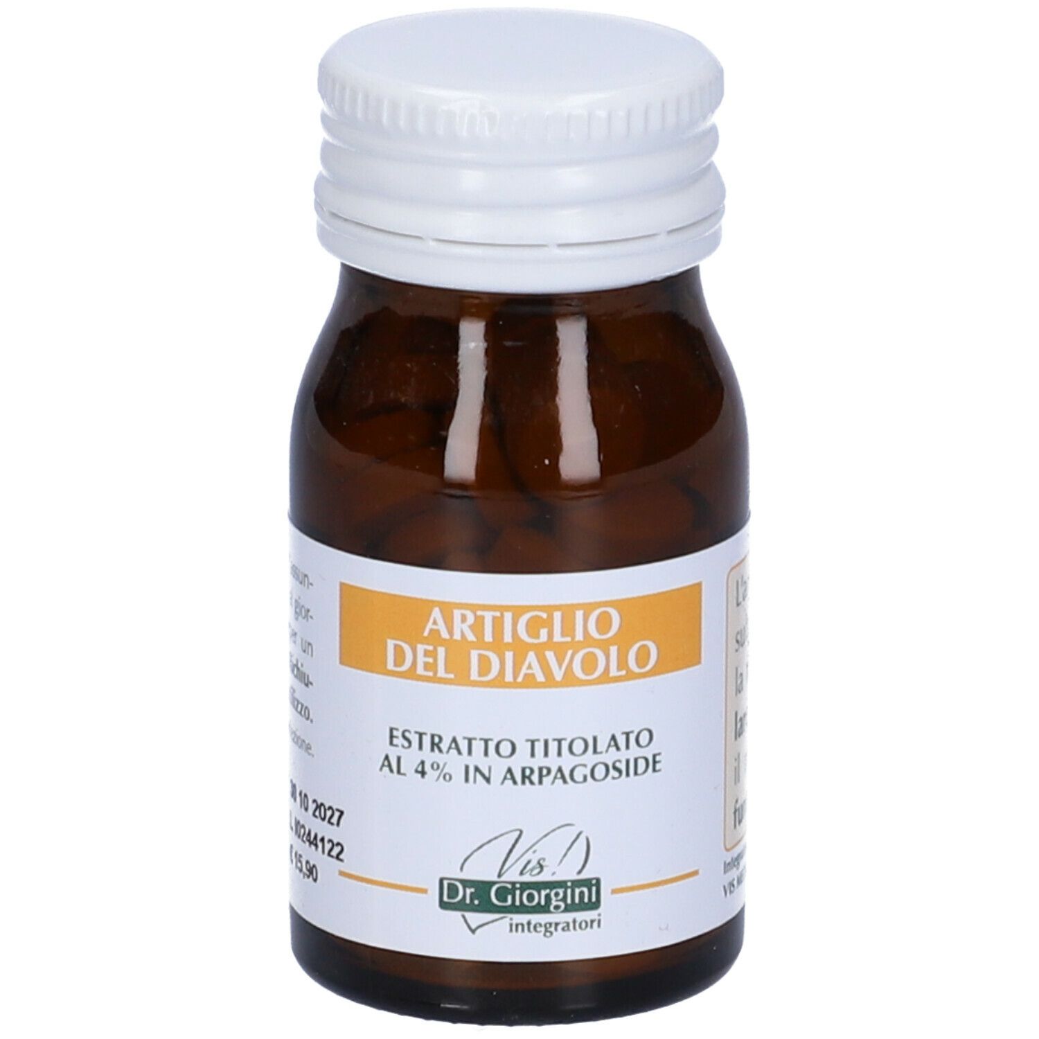 Flacone di vetro marrone con tappo bianco ed etichetta. L'etichetta riporta "Artiglio del Diavolo".