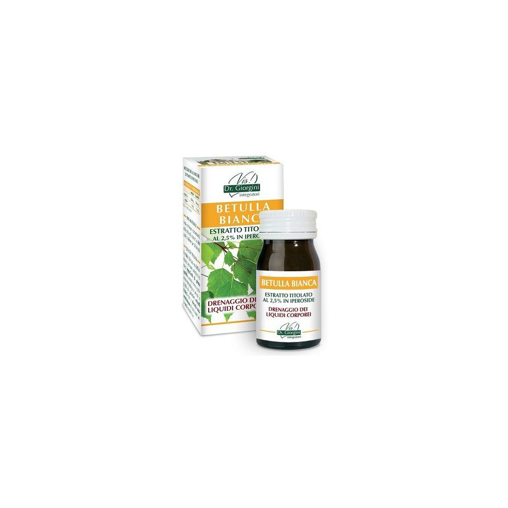 Flacone e scatola in vetro marrone. Scritta: Betulla Bianca, estratto, 60 pastiglie. Dr. Giorgini.