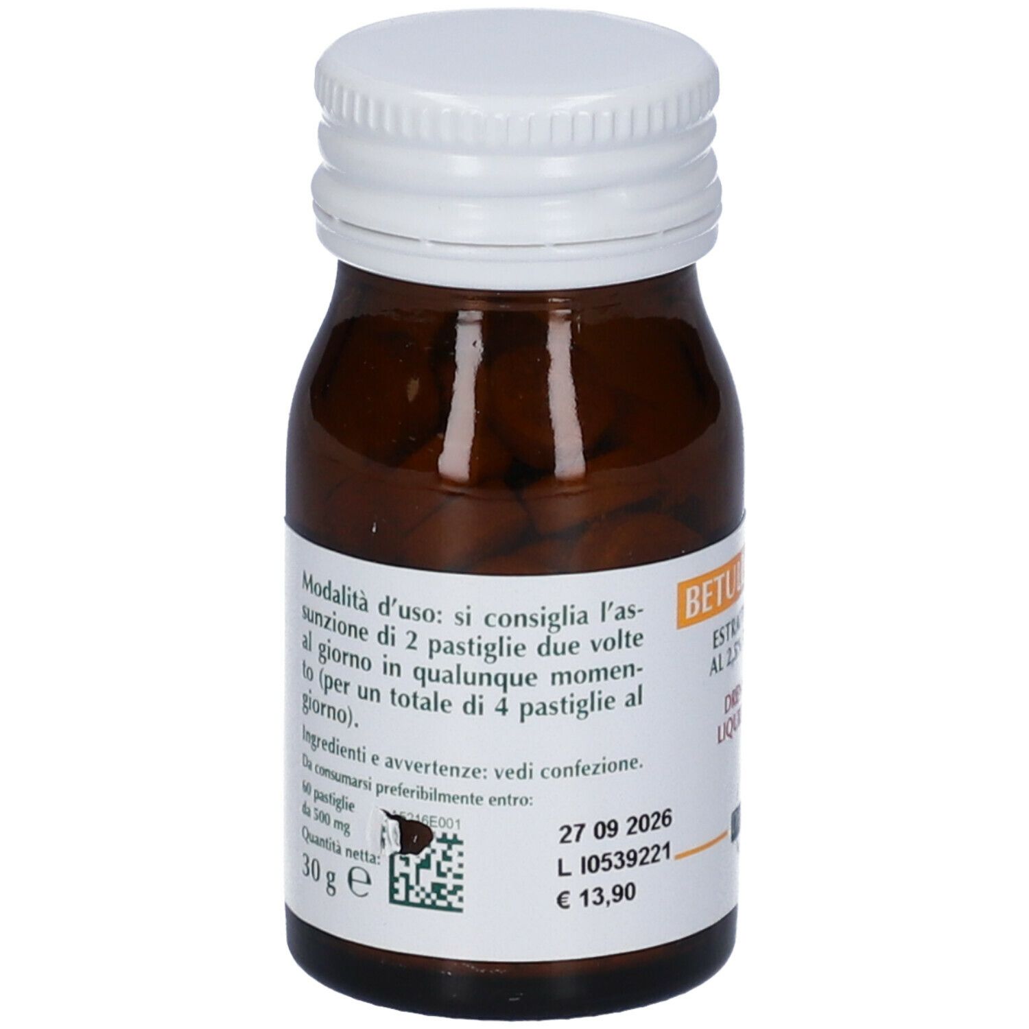 Flacone in vetro marrone con tappo bianco. Scritta: Betulla Bianca, 60 pastiglie. Scadenza: 27.09.2026.