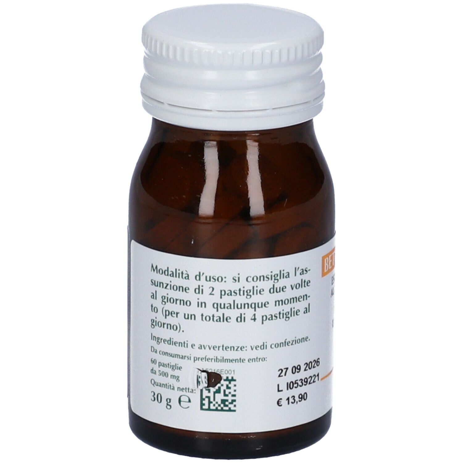 Flacone in vetro marrone con tappo bianco. Scritta: Betulla Bianca, 60 pastiglie. Testo sull'uso.
