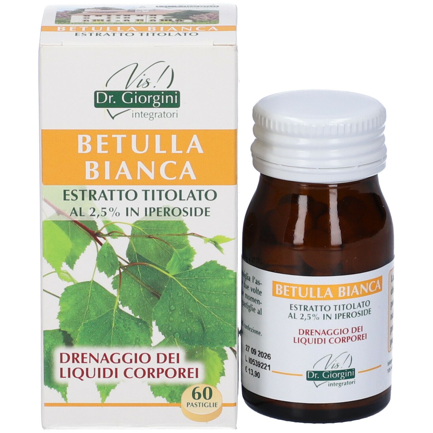 Flacone e scatola in vetro marrone. Scritta: Betulla Bianca, estratto, 60 pastiglie. Dr. Giorgini.