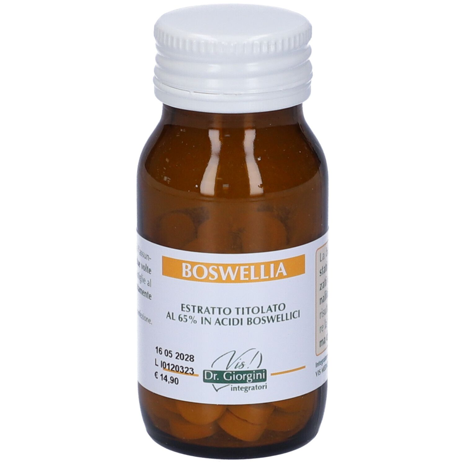 Flacone in vetro marrone con tappo bianco e compresse. Scritta Boswellia, Extrait titolato al 65% in acidi boswellici. Etichetta con informazioni.