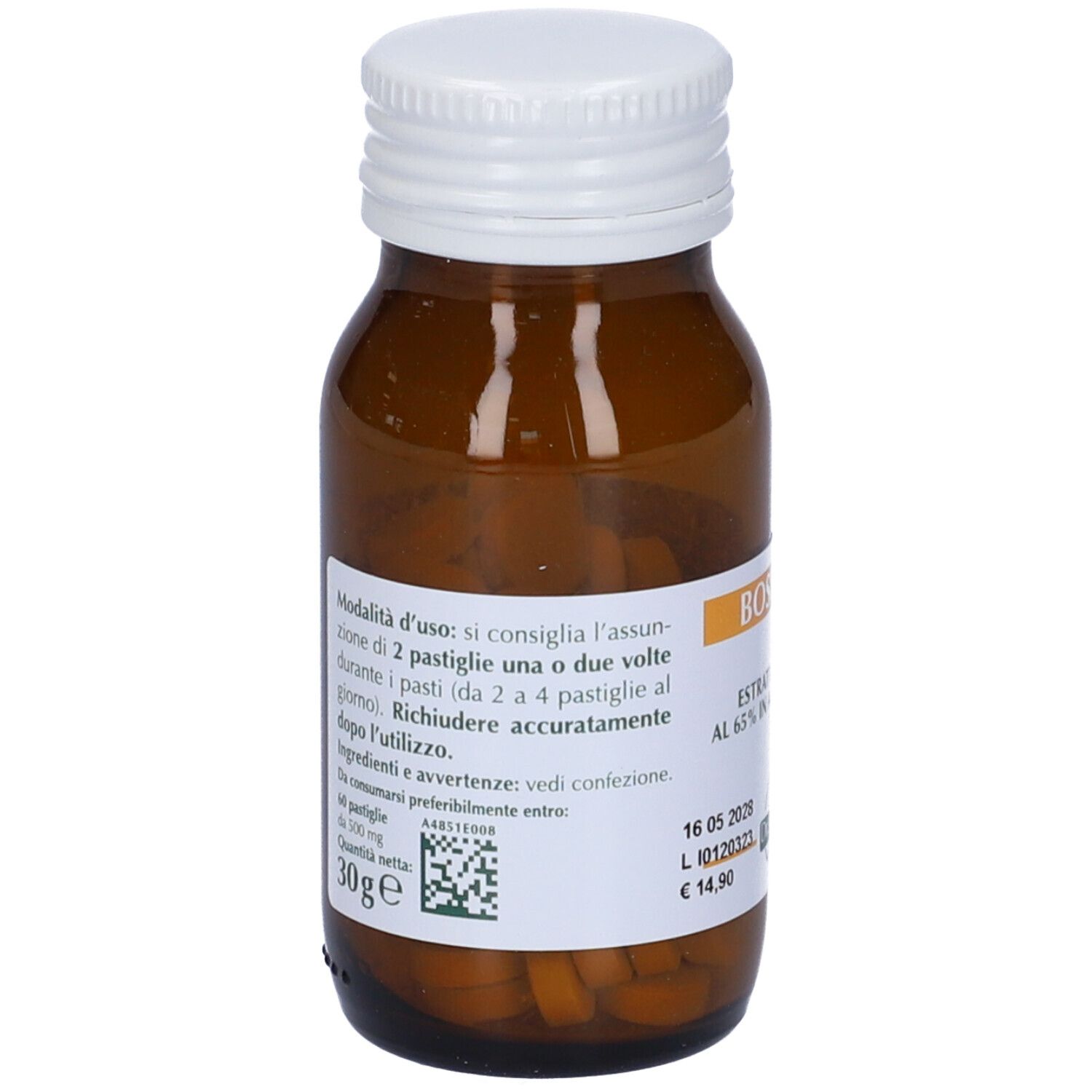 Flacone in vetro marrone con tappo bianco. Scritta Boswellia, Extrait titolato al 65% in acidi boswellici. Etichetta con informazioni e codice QR.