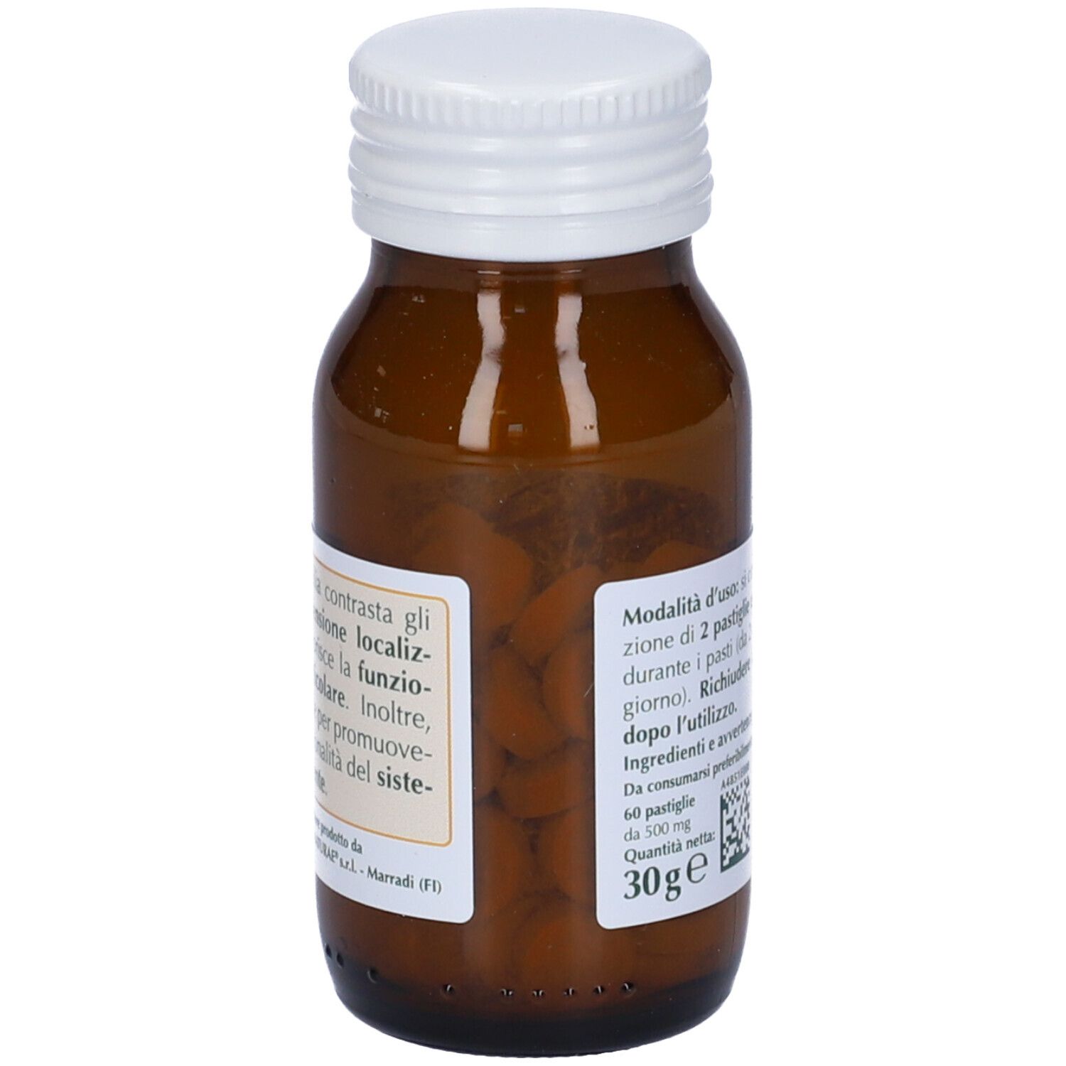Flacone in vetro marrone con tappo bianco. Scritta Boswellia, Extrait titolato al 65% in acidi boswellici. Etichetta con informazioni e codice QR.