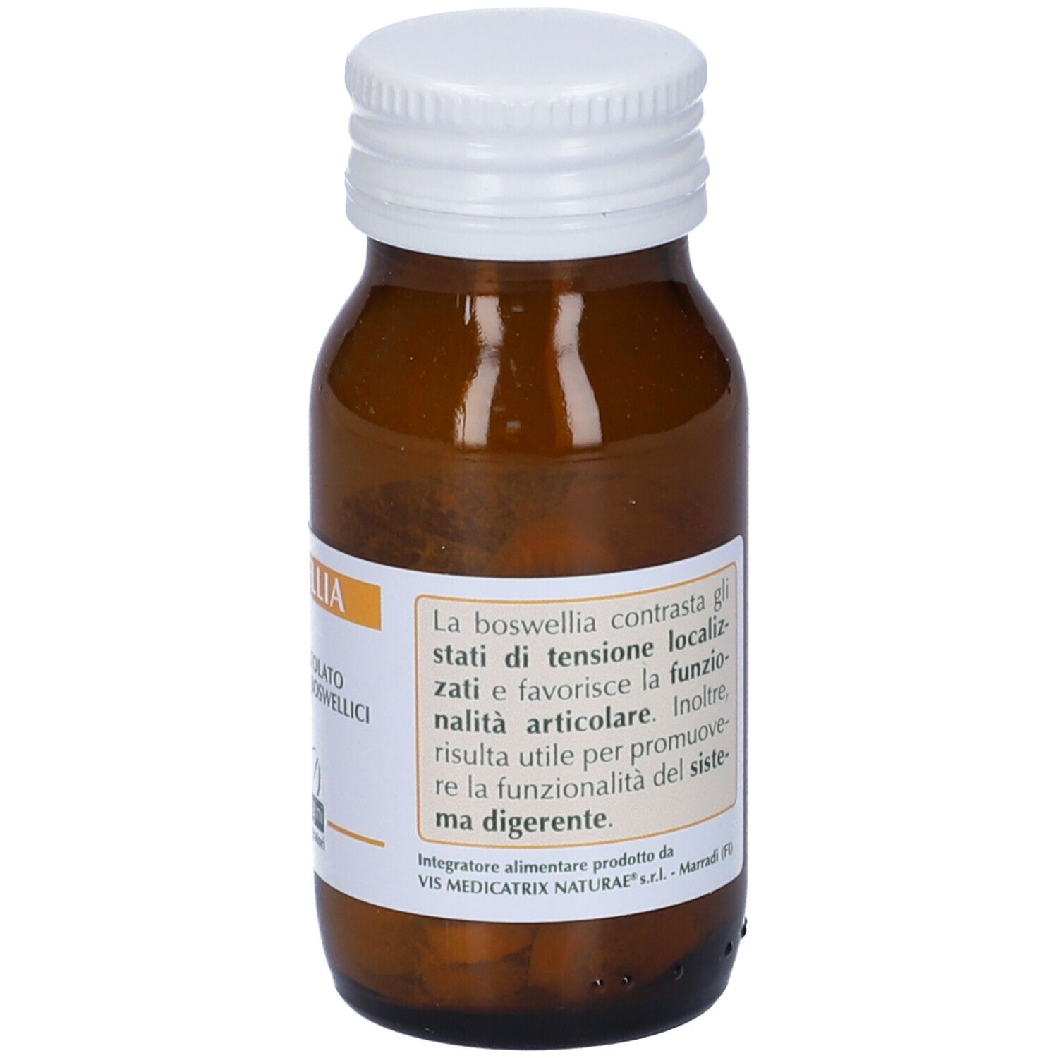 Flacone in vetro marrone con tappo bianco. Scritta Boswellia, Extrait titolato al 65% in acidi boswellici. Etichetta con informazioni.