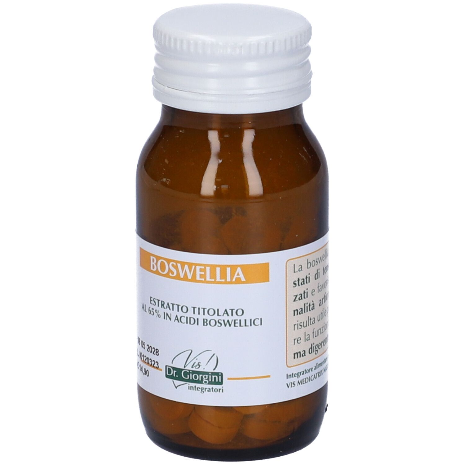 Flacone in vetro marrone con tappo bianco. Scritta Boswellia, Extrait titolato al 65% in acidi boswellici. Etichetta con informazioni.