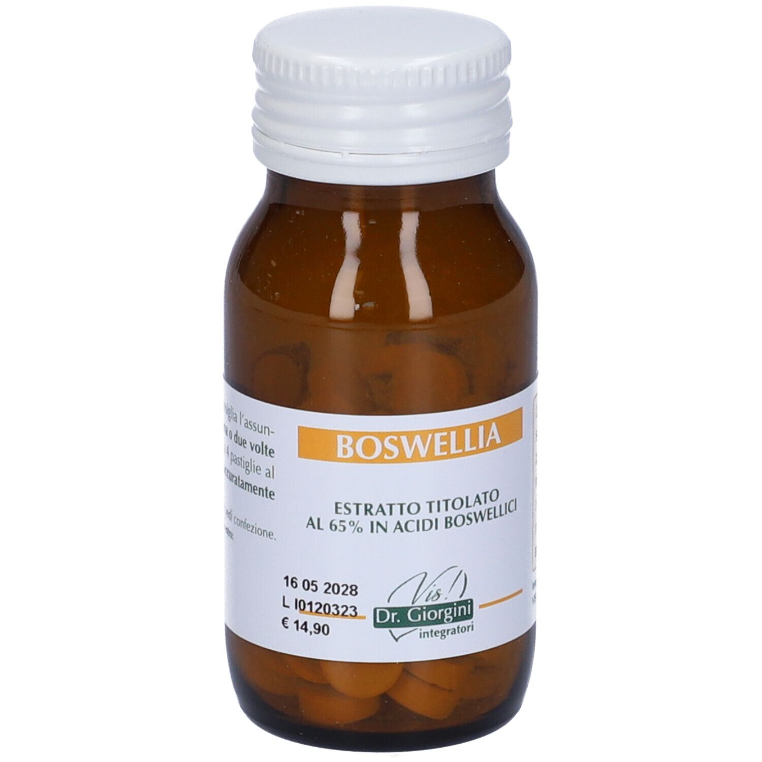 Flacone in vetro marrone con tappo bianco. Scritta Boswellia, Extrait titolato al 65% in acidi boswellici. Etichetta con informazioni.