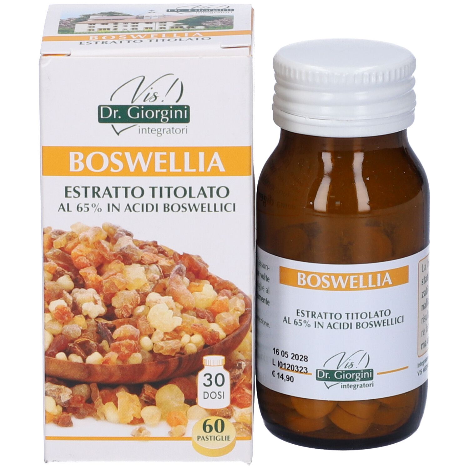 Flacone di Boswellia e confezione. Bottiglia di vetro marrone con tappo bianco, accanto, una scatola con informazioni.