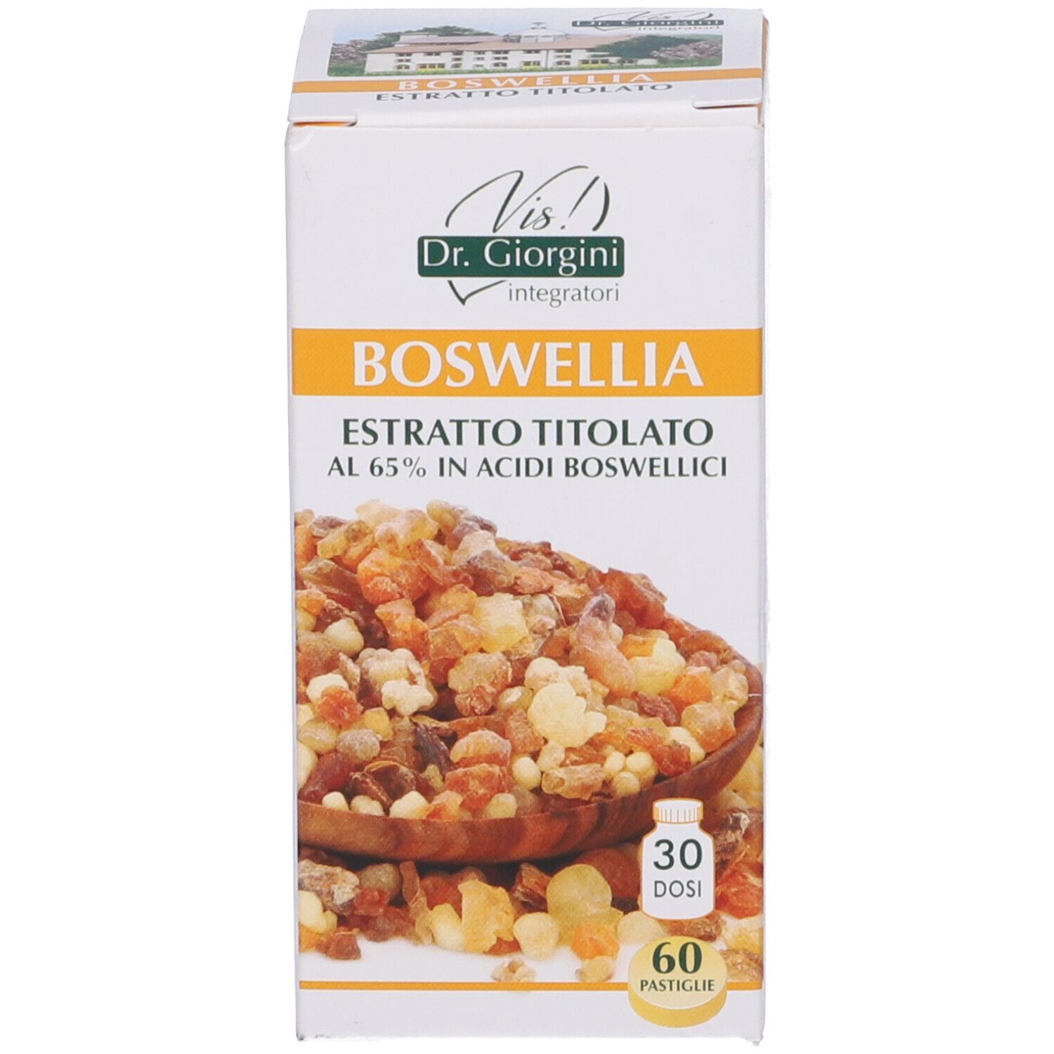 Confezione di compresse di Boswellia. Scatola con informazioni e immagine di resina.