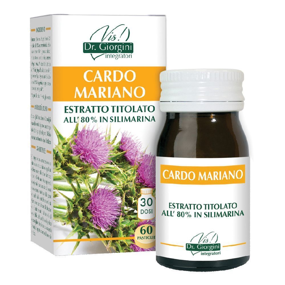 Scatola e flacone di capsule. Scritto: Cardo Mariano, Estratto Titolato all'80% in Silimarina. Marchio: Dr. Giorgini.