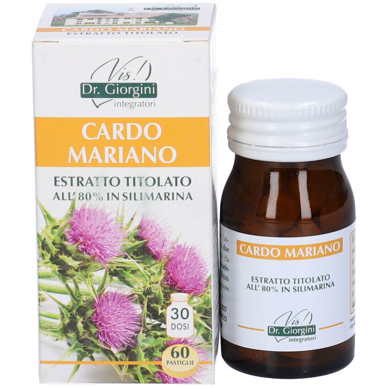 Scatola e flacone di capsule. Scritto: Cardo Mariano, Estratto Titolato all'80% in Silimarina. Marchio: Dr. Giorgini.
