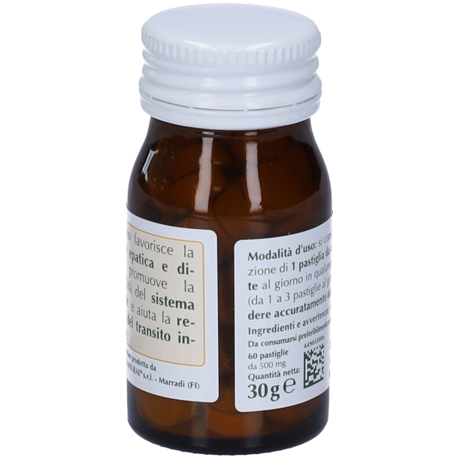 Bottiglia di vetro marrone con tappo bianco. Scritta: Crespino Indiano, Estratto Titolato al 97% in Berberina. Dr. Giorgini. 60 Pastiglie, 30g.