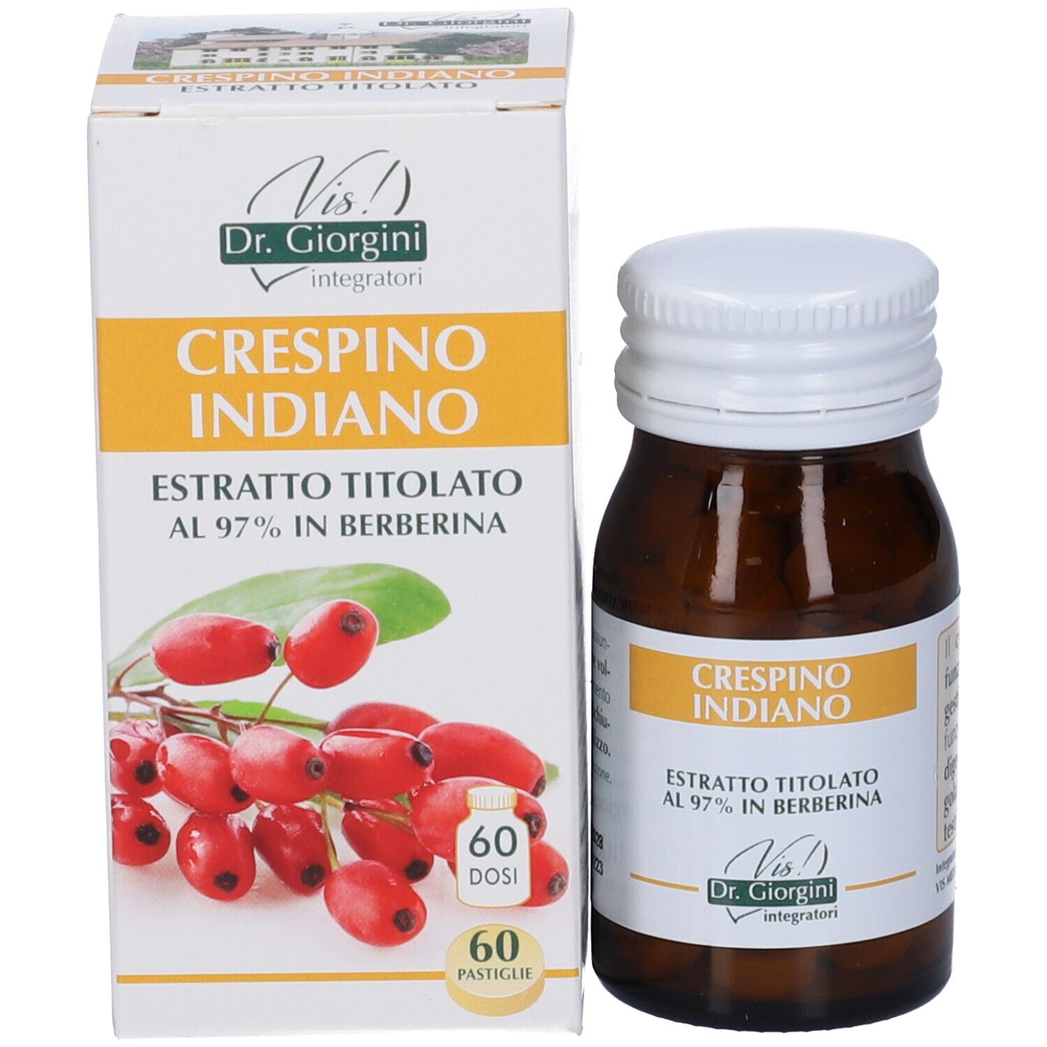 Crespino Indiano Estratto Titolato 60 Pastiglie. Bottiglia e scatola. Scritta: Dr. Giorgini, 60 Dosi, 60 Pastiglie.