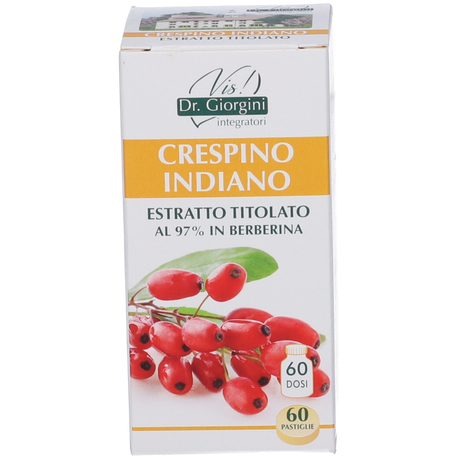 Scatola di Crespino Indiano Estratto Titolato 60 Pastiglie. Scritta: Dr. Giorgini, 60 Dosi, 60 Pastiglie.
