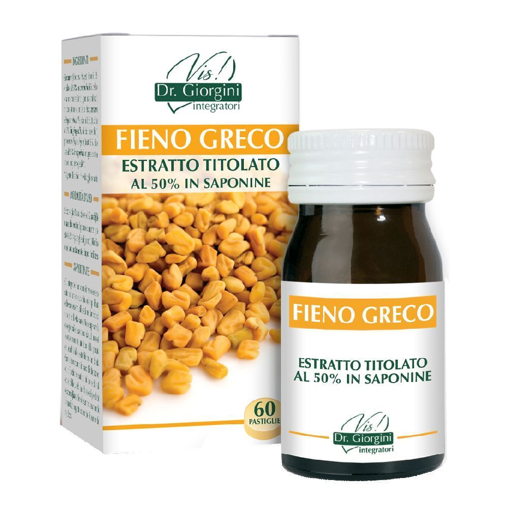 Flacone in vetro marrone e scatola con informazioni sul prodotto. Scritto: Fieno Greco Estratto Titolato. 60 pastiglie.