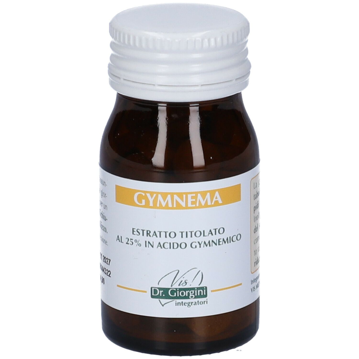 Bottiglia di vetro marrone, tappo bianco. Scritta: Gymnema Estratto Titolato al 25% in Acido Gymnemic.