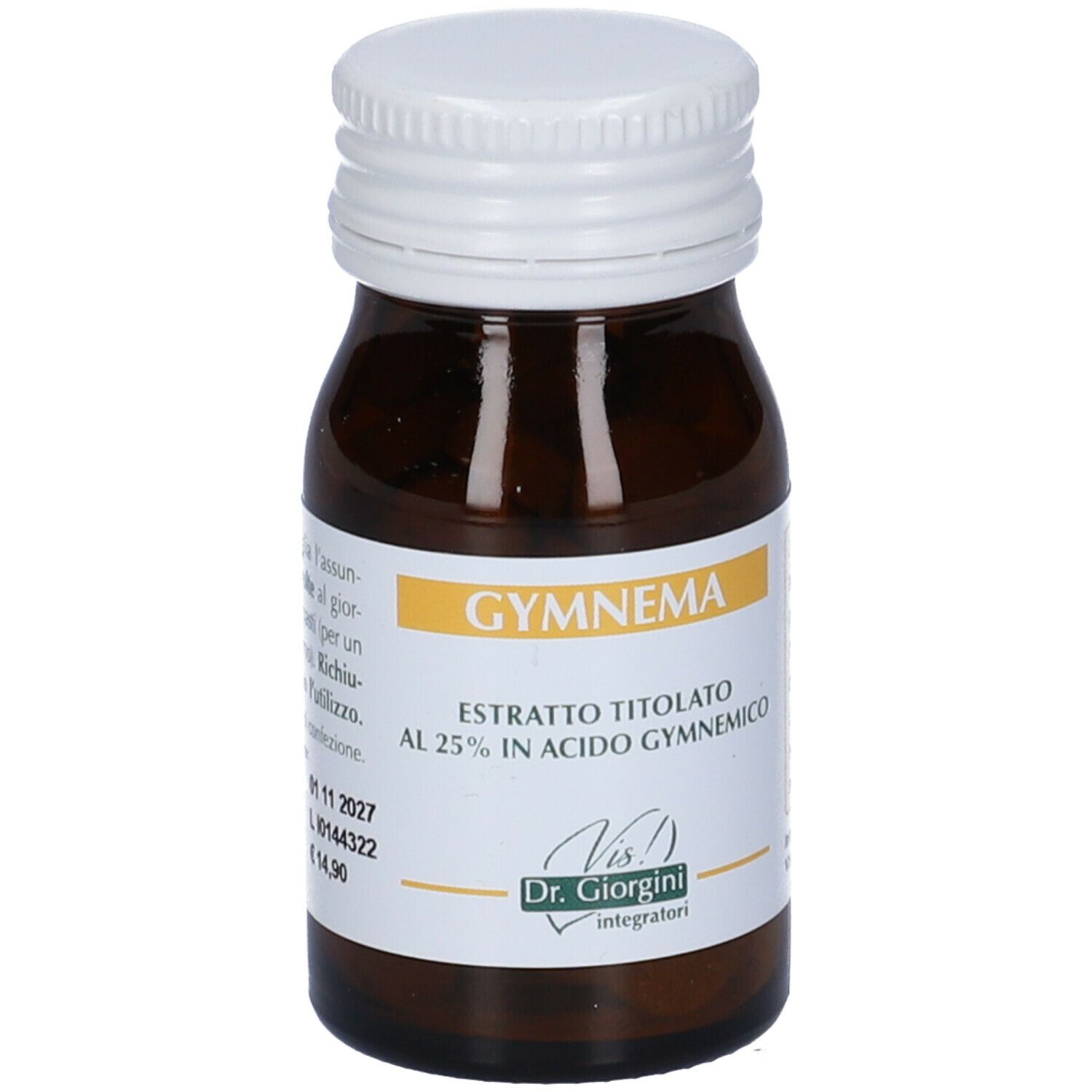 Bottiglia di vetro marrone, tappo bianco. Scritta: Gymnema Estratto Titolato. Etichetta con informazioni.