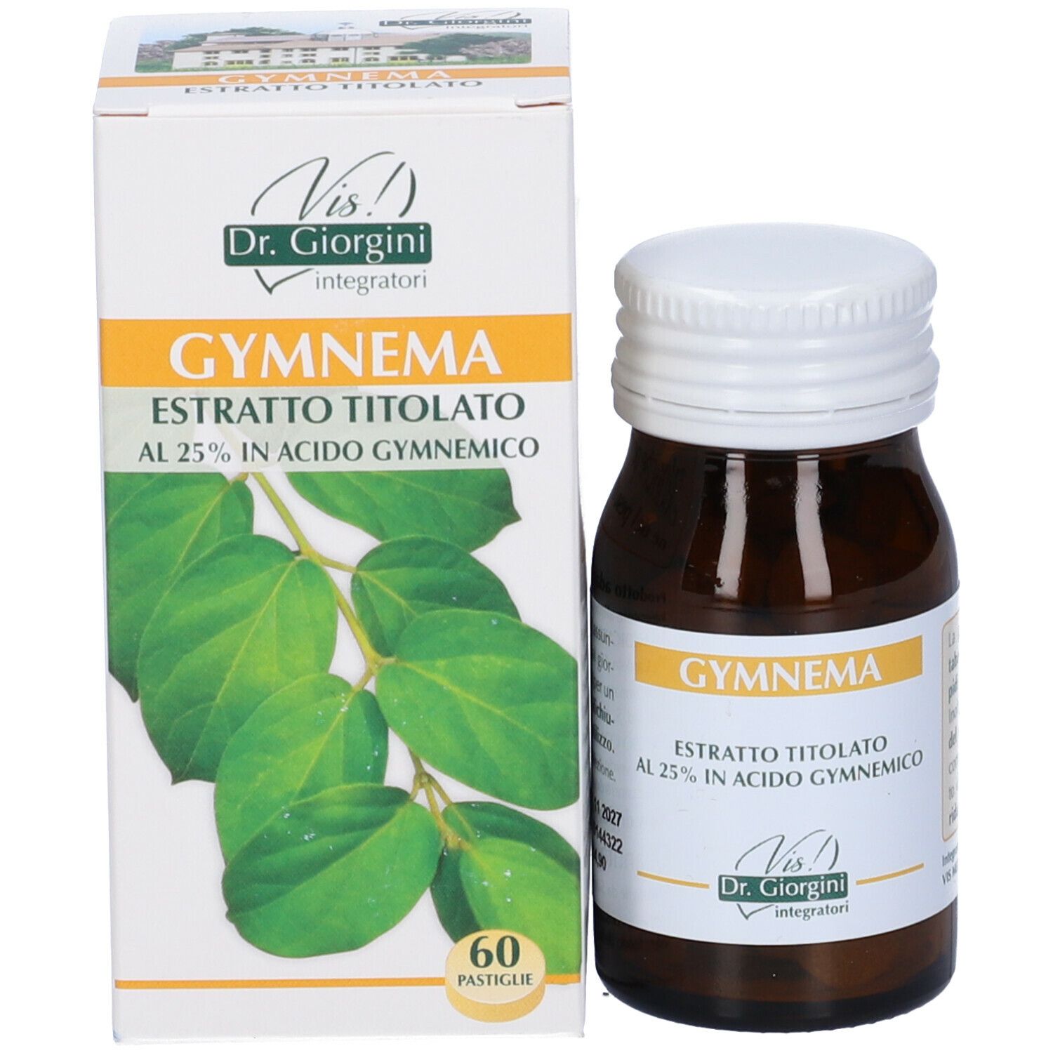Flacone di Gymnema Estratto Titolato e confezione. Bottiglia marrone, tappo bianco. Scritta: 60 Pastiglie.