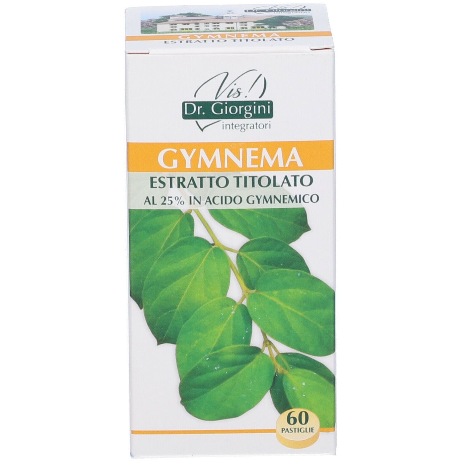 Confezione di Gymnema Estratto Titolato. Scritta: Gymnema Estratto Titolato al 25% in Acido Gymnemic. 60 Pastiglie.