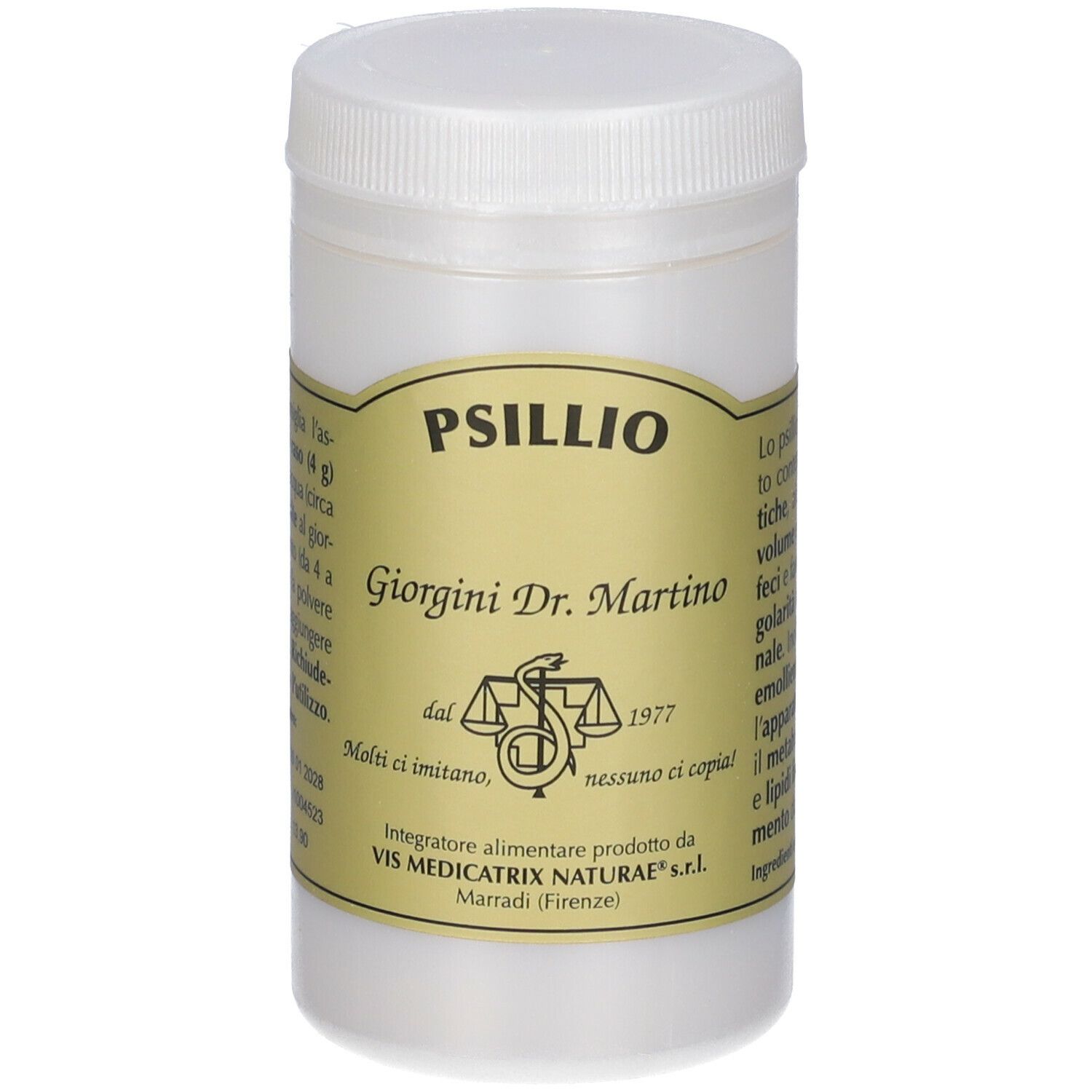 Polvere bianca di Psillio in un contenitore bianco. Scritta: Psillio, Giorgini Dr. Martino.
