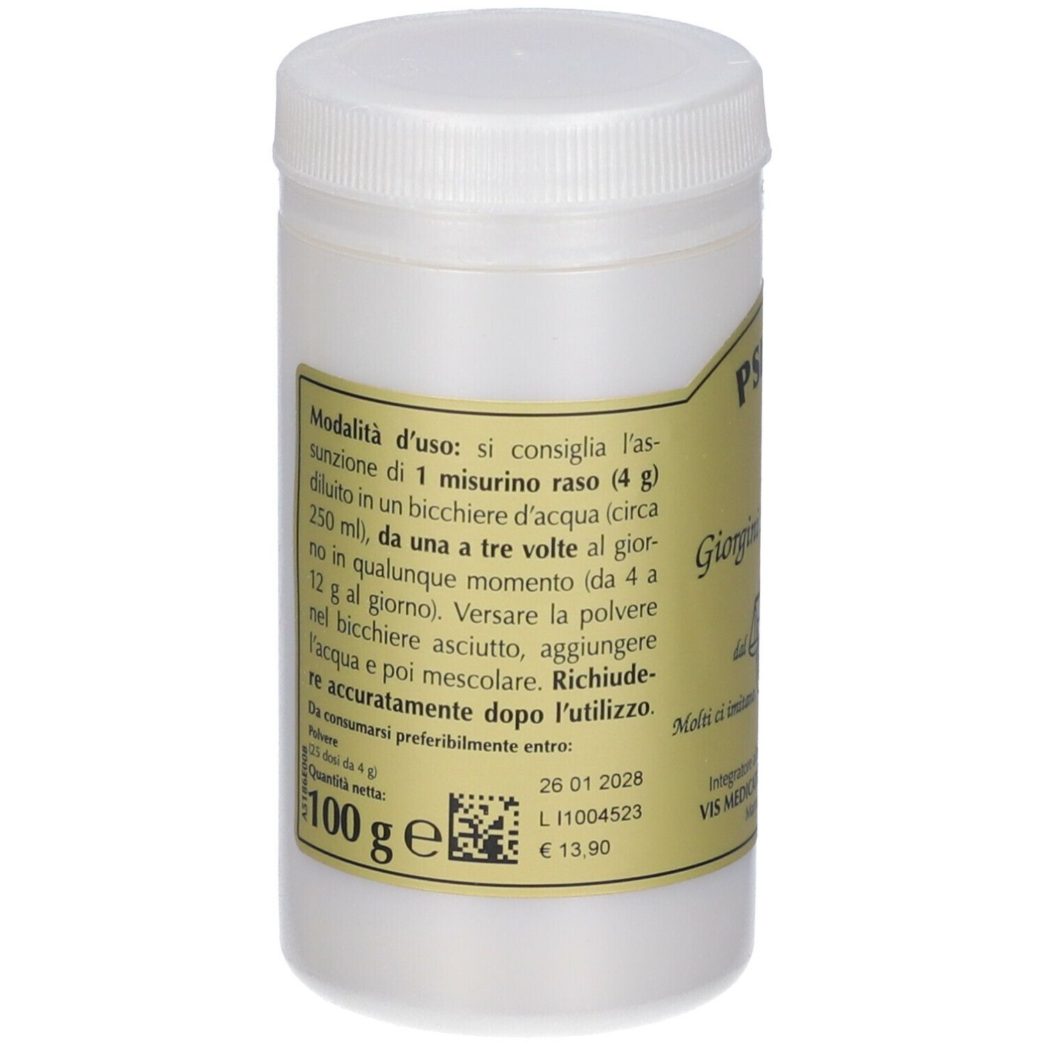 Polvere bianca di Psillio in un contenitore bianco. Scritta: Psillio, Giorgini Dr. Martino, 100 g.