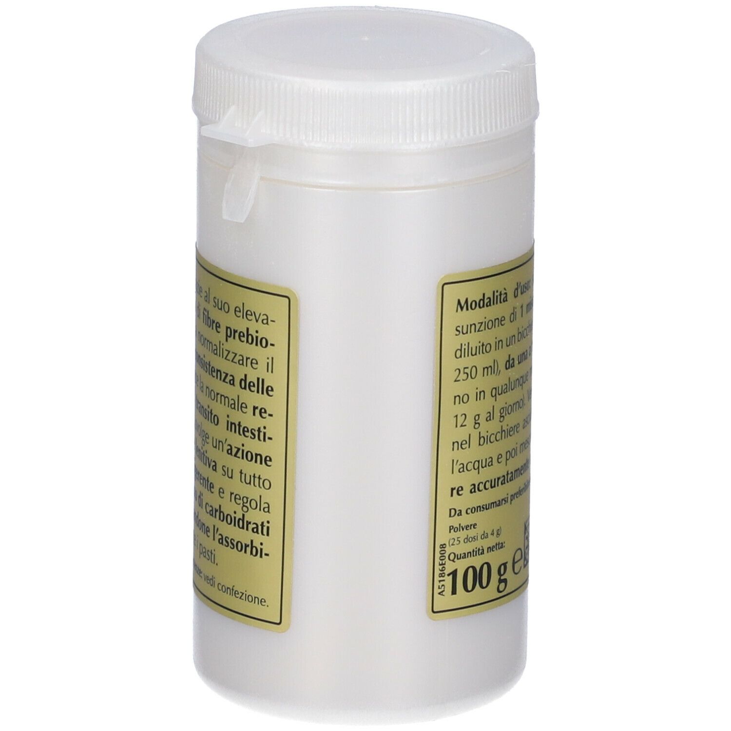 Polvere bianca di Psillio in un contenitore bianco. Scritta: Psillio, Giorgini Dr. Martino, 100 g.