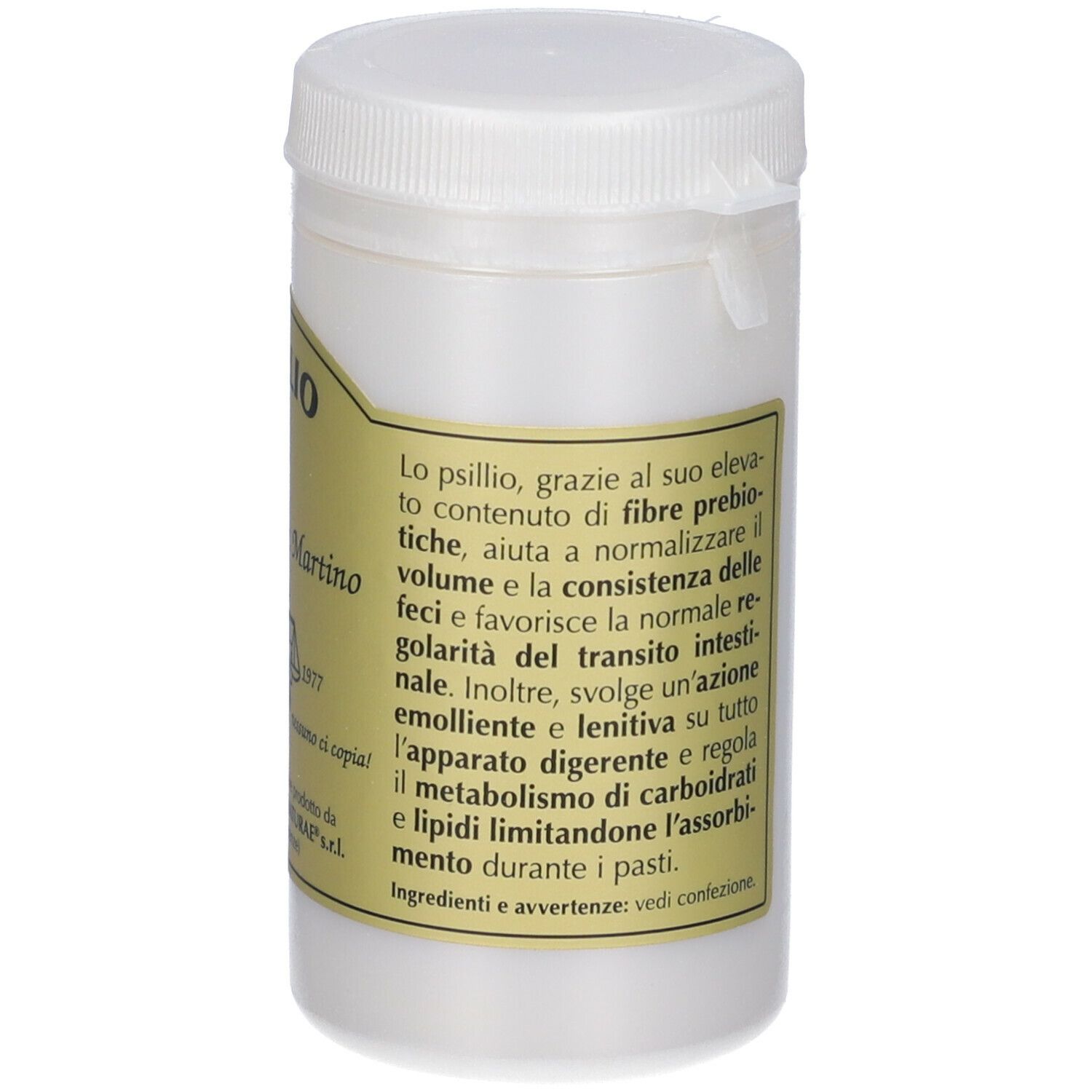 Polvere bianca di Psillio in un contenitore bianco. Scritta: Psillio, Giorgini Dr. Martino, 100 g.