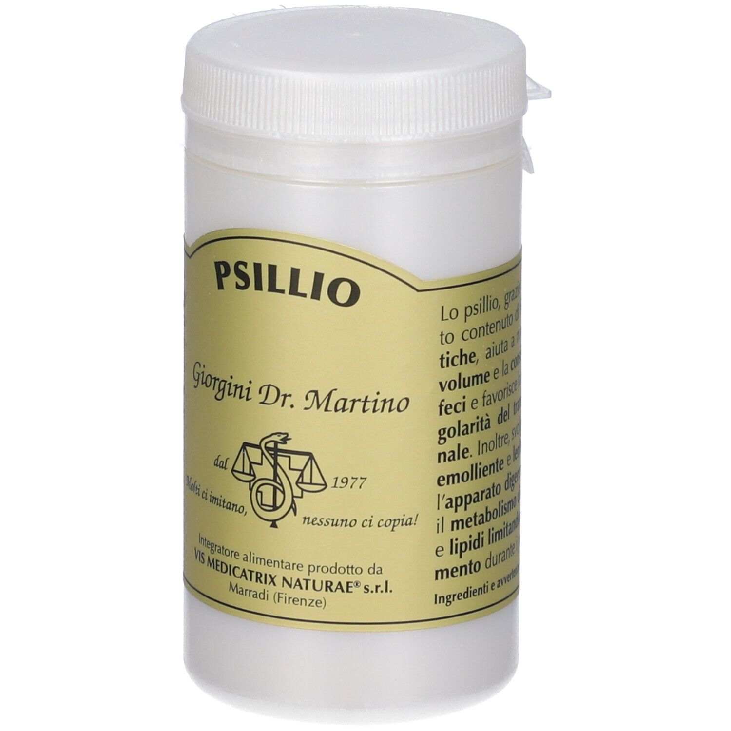 Polvere bianca di Psillio in un contenitore bianco. Scritta: Psillio, Giorgini Dr. Martino.