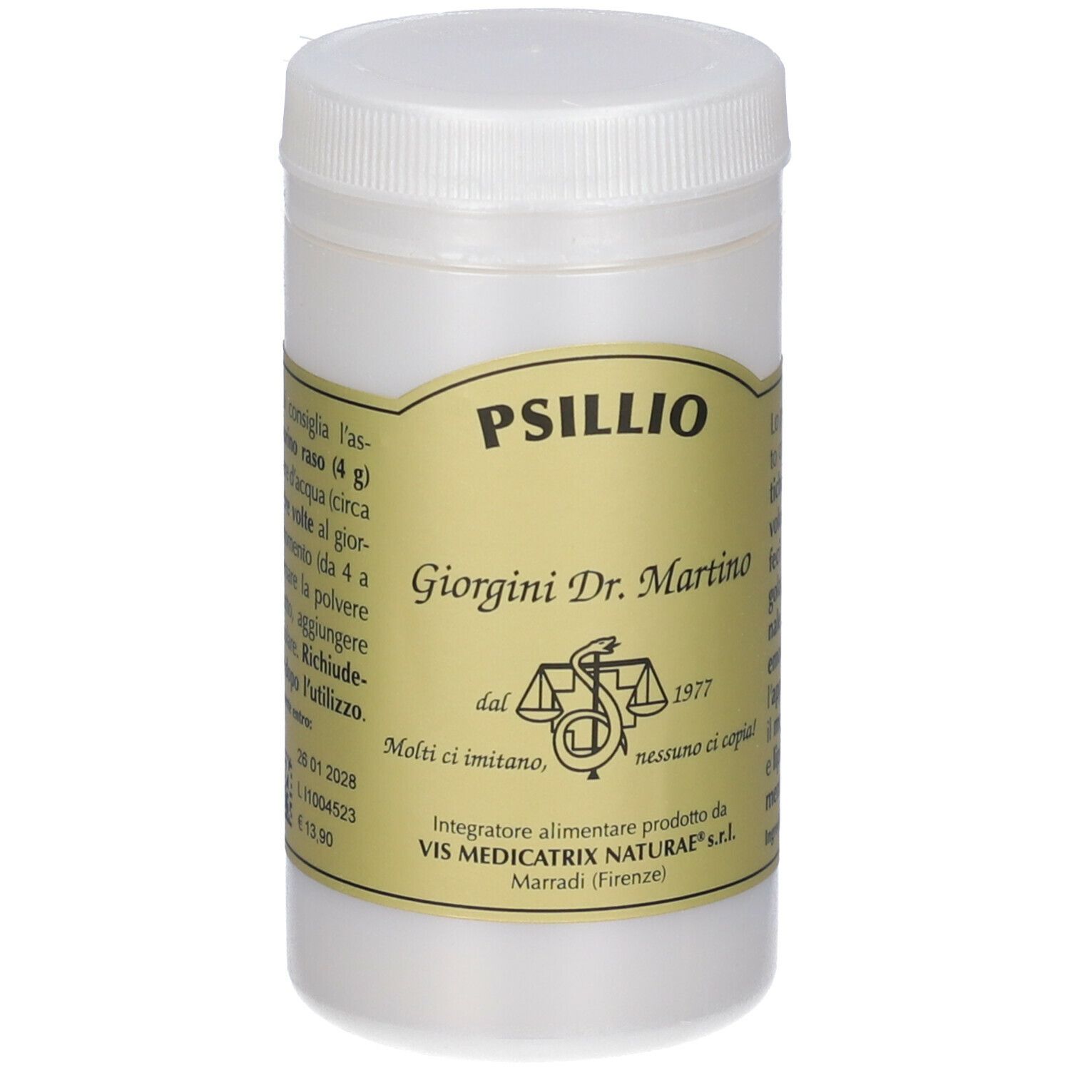 Polvere bianca di Psillio in un contenitore bianco. Scritta: Psillio, Giorgini Dr. Martino.
