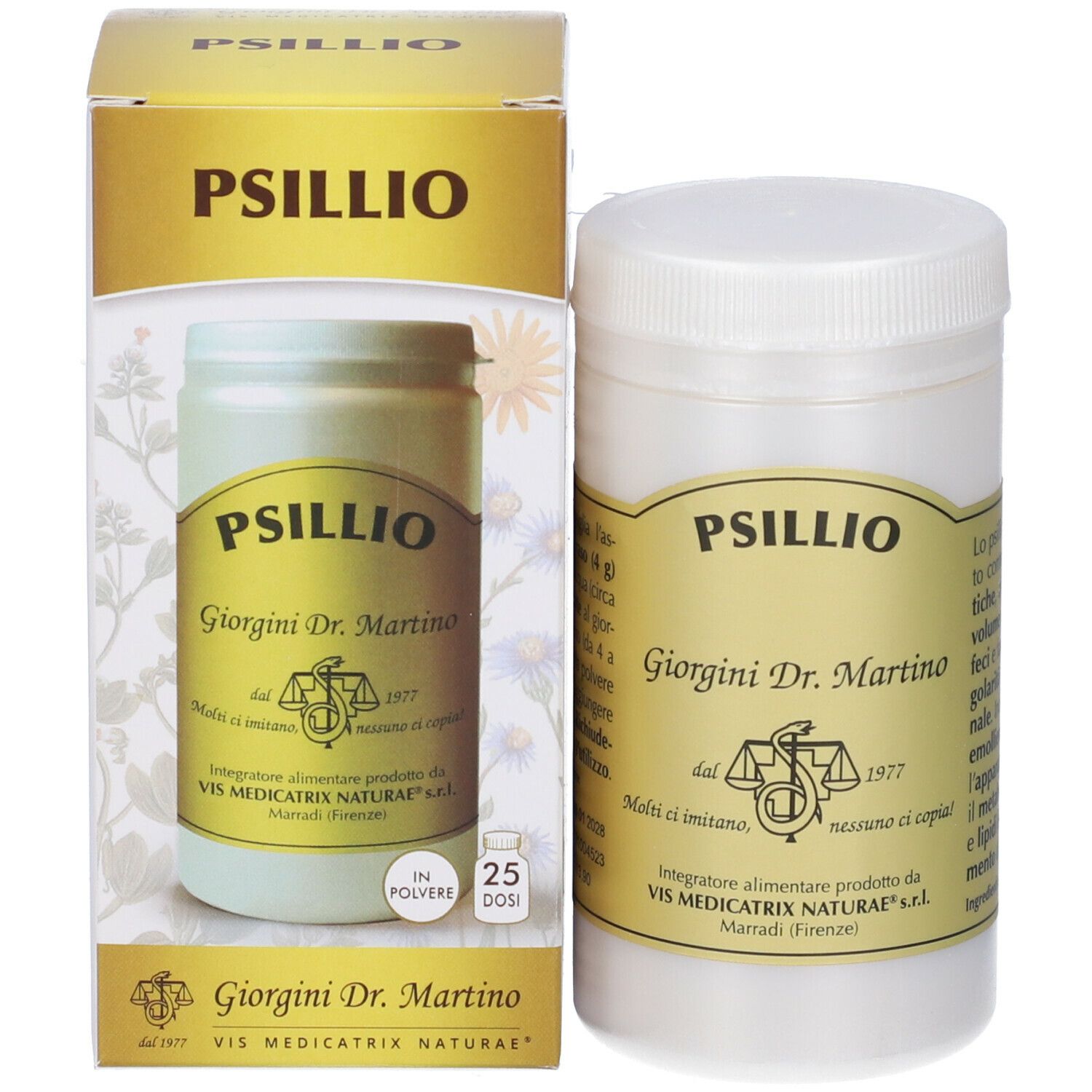 Barattolo e scatola di polvere di Psillio. Scritta: Psillio, Giorgini Dr. Martino, 25 dosi.