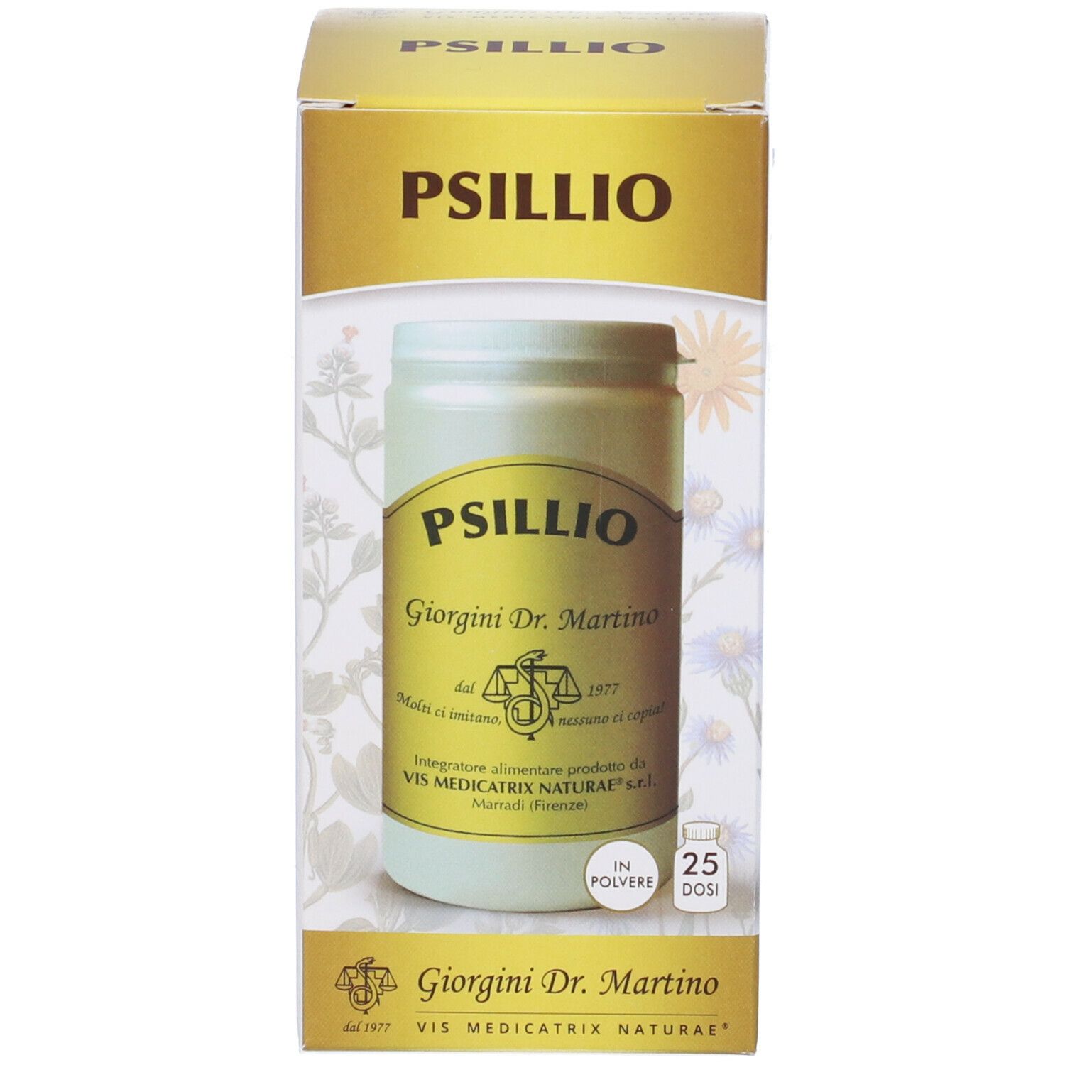 Scatola di polvere di Psillio. Scritta: Psillio, Giorgini Dr. Martino, 25 dosi.