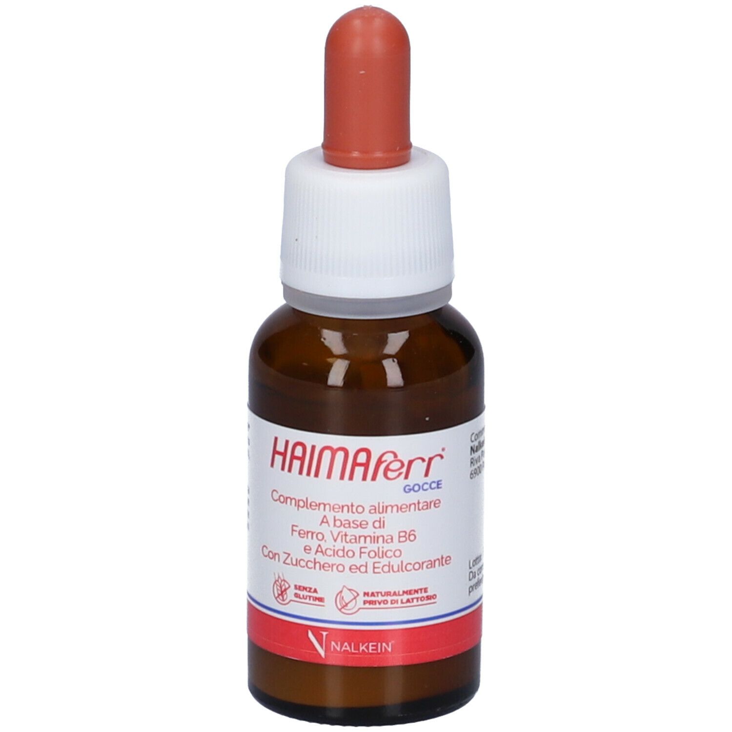 Flacone di vetro marrone con contagocce rosso. Etichetta con nome prodotto e ingredienti. Marchio Nalkein.