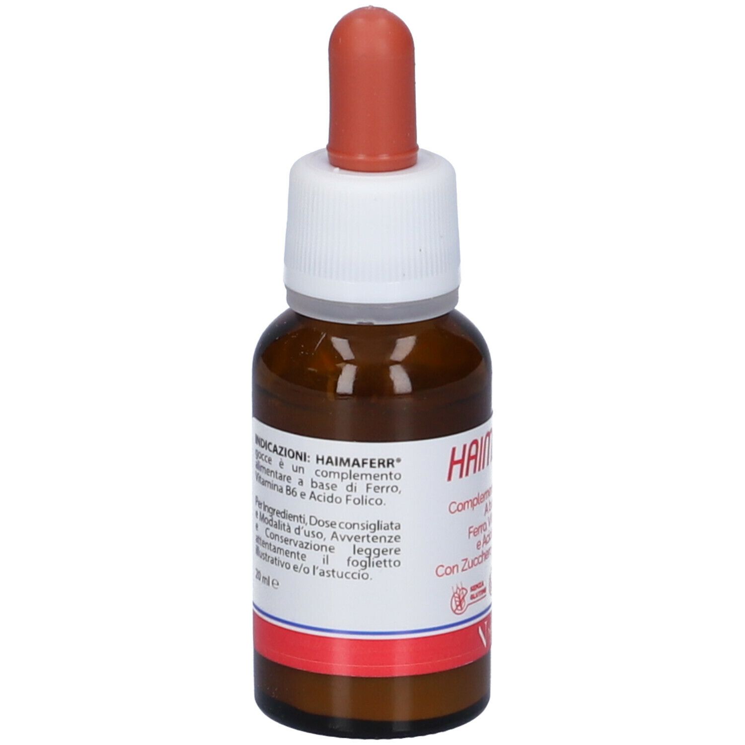 Flacone di vetro marrone con contagocce rosso. Etichetta con nome prodotto e ingredienti. Marchio Nalkein.