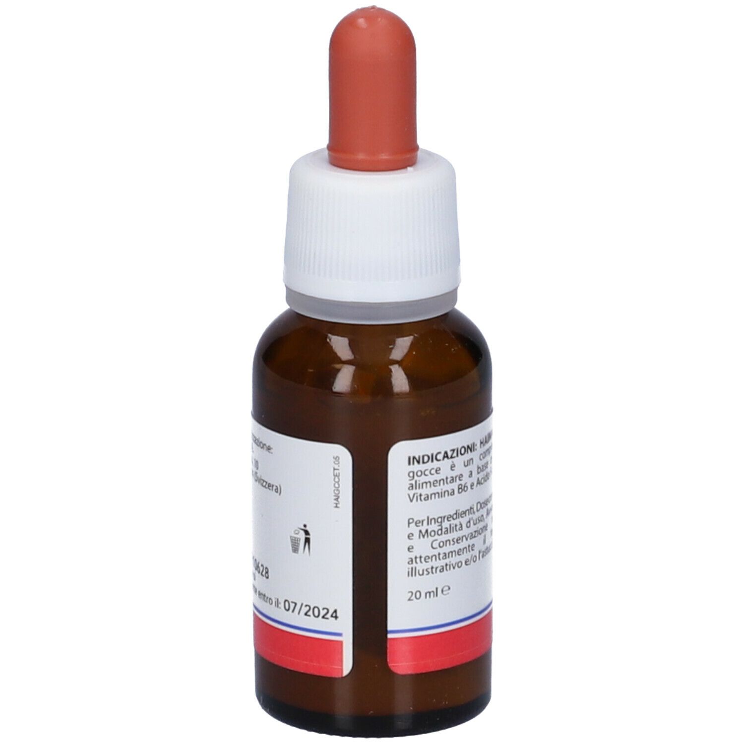 Flacone di vetro marrone con contagocce rosso. Etichetta con nome prodotto e ingredienti. Marchio Nalkein. 20 ml.