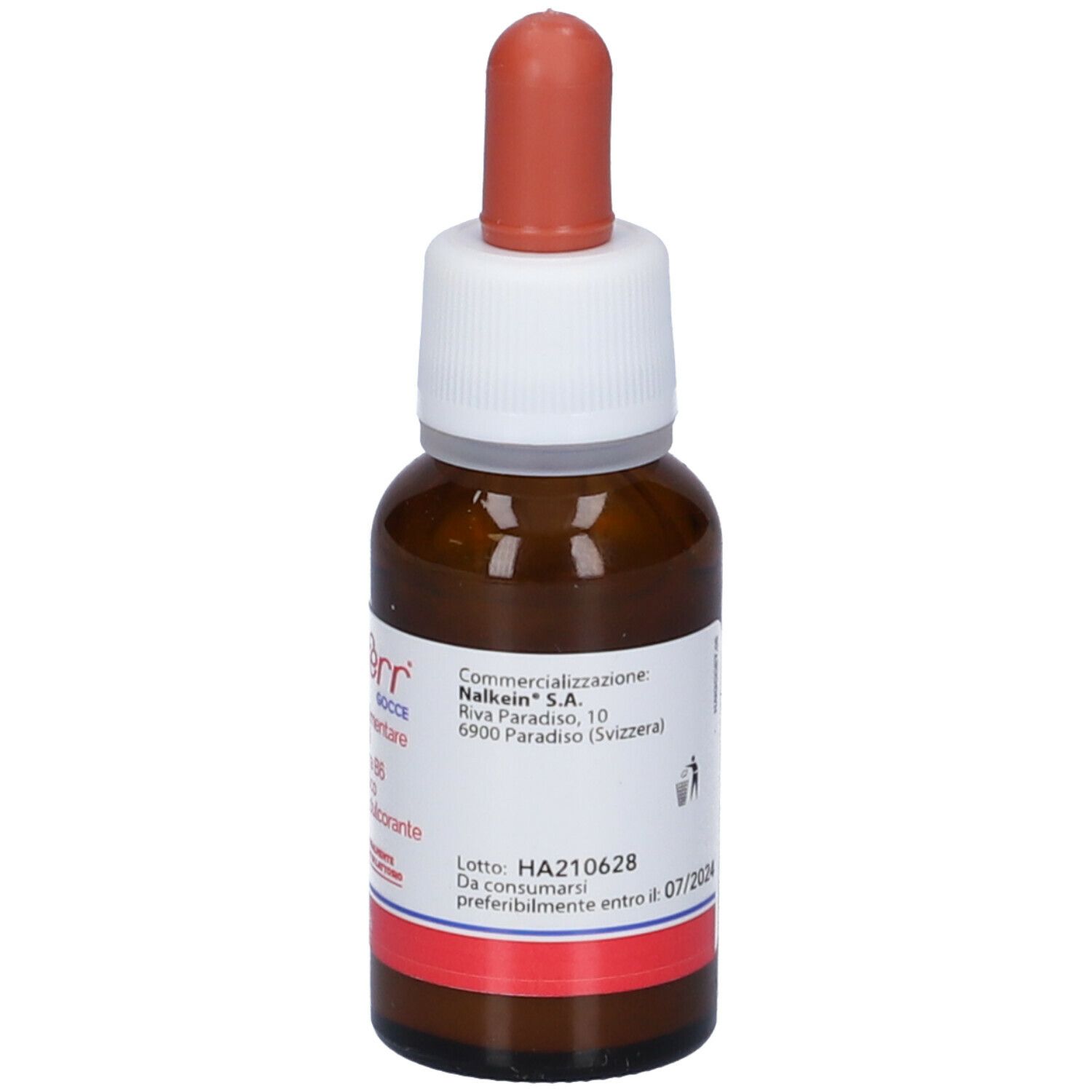 Flacone di vetro marrone con contagocce rosso. Etichetta con nome prodotto e ingredienti. Marchio Nalkein. 20 ml.
