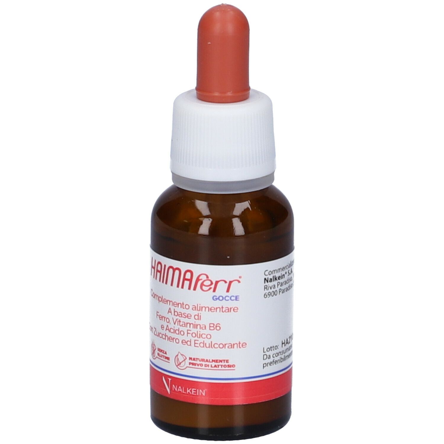 Flacone di vetro marrone con contagocce rosso. Etichetta con nome prodotto e ingredienti. Marchio Nalkein.