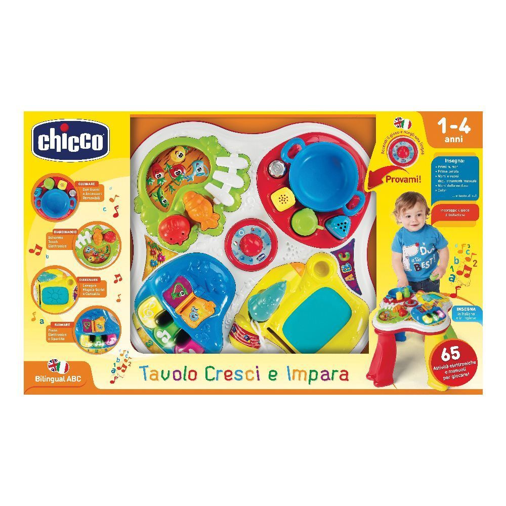 Tavolo gioco Chicco. Giocattolo multicolore con diversi elementi. Confezione con bambino e informazioni sul prodotto.