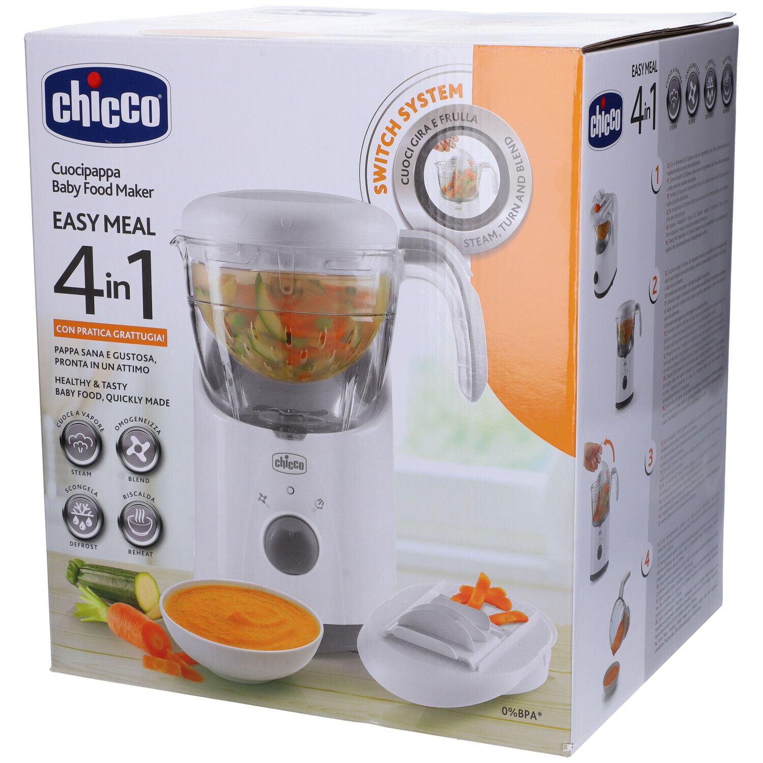 Confezione del robot da cucina per neonati. L'apparecchio è bianco con contenitore trasparente. Carote e zucchine sulla confezione.