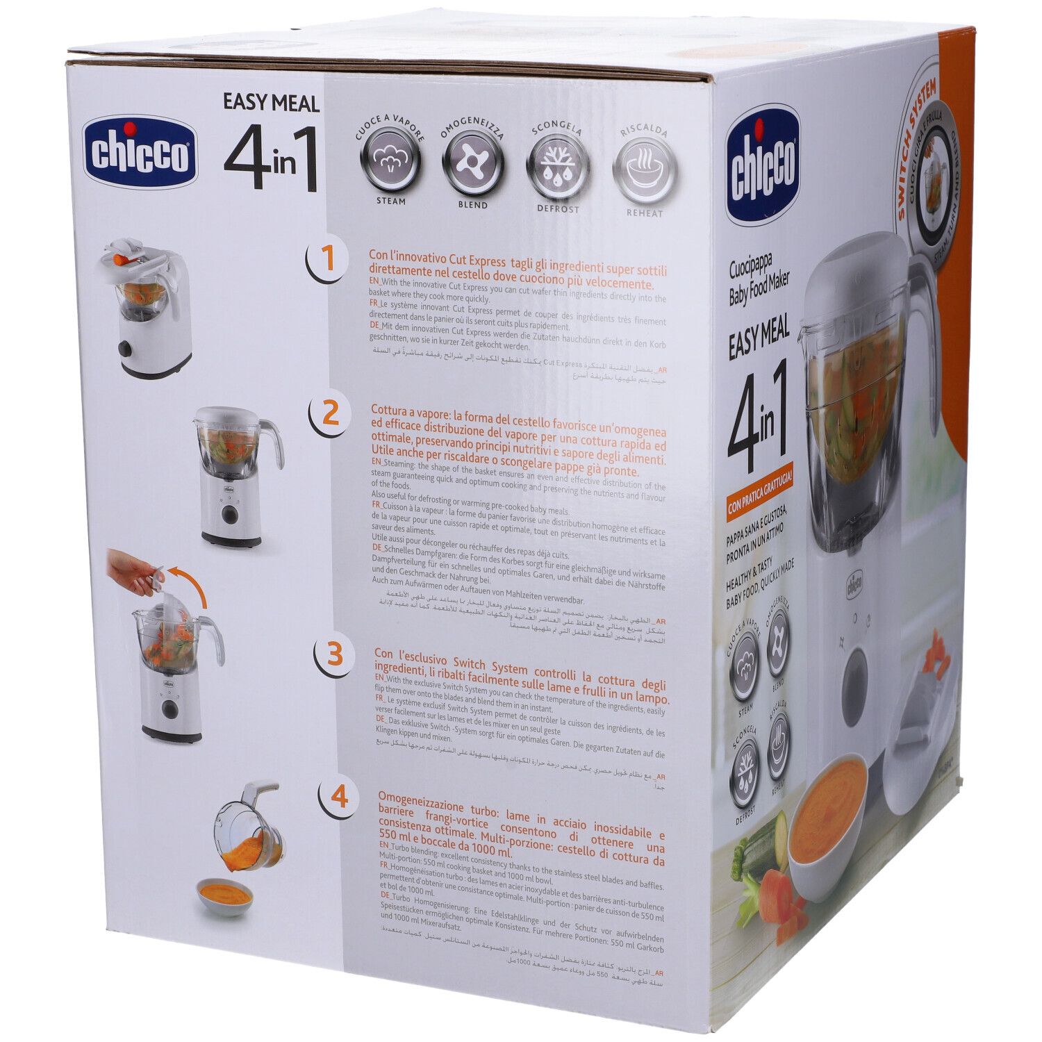 Retro della confezione del robot da cucina per neonati. Illustrazioni che mostrano le funzioni dell'apparecchio. Testo multilingue.