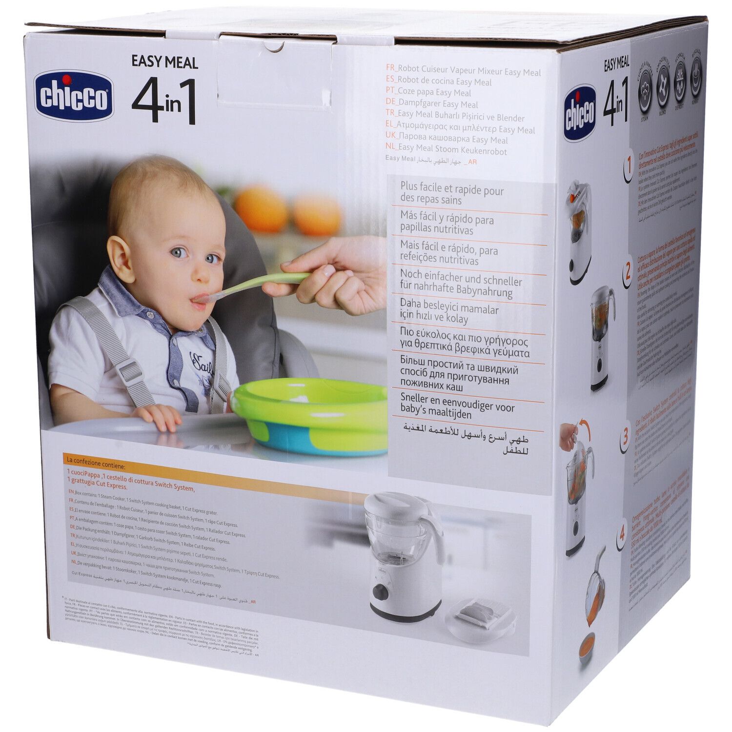 Confezione del robot da cucina per neonati. Un bambino viene nutrito. L'apparecchio e gli accessori sono illustrati. Testo multilingue.