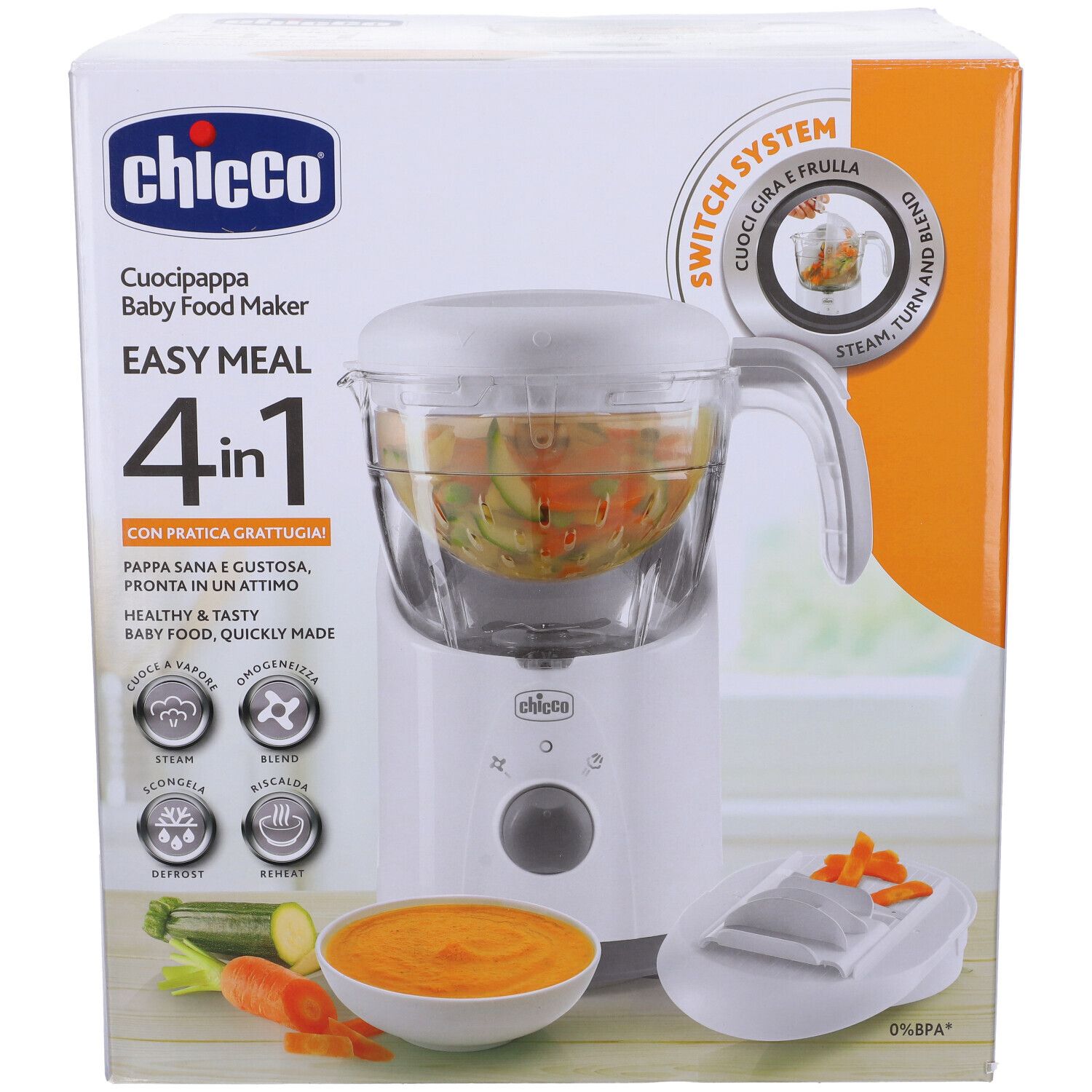 Robot da cucina per neonati nella confezione. Apparecchio bianco con contenitore trasparente e manico. Carote e zucchine illustrate.