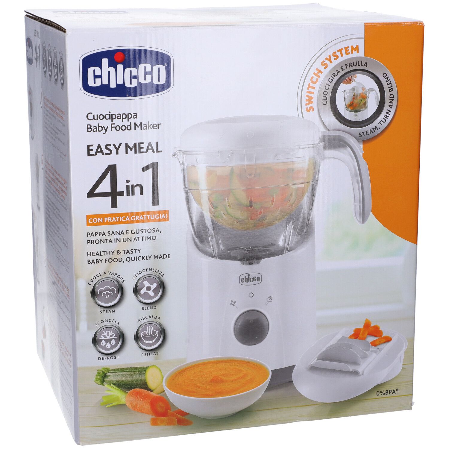 Robot da cucina per neonati nella confezione. Apparecchio bianco con contenitore trasparente e manico. Carote e zucchine illustrate.