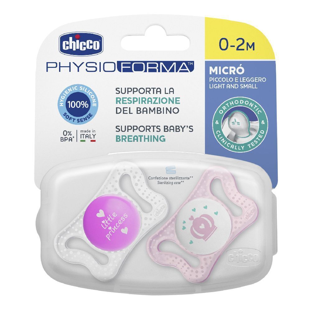 Due succhietti Chicco 0-2 mesi, rosa e bianco, in confezione. Forma ortodontica, in silicone.